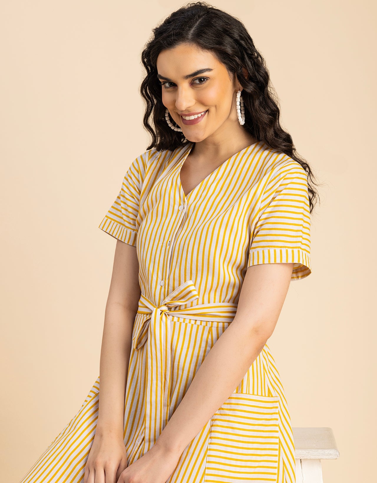 Short Sleeve V Neck A-Line Cotton Dress