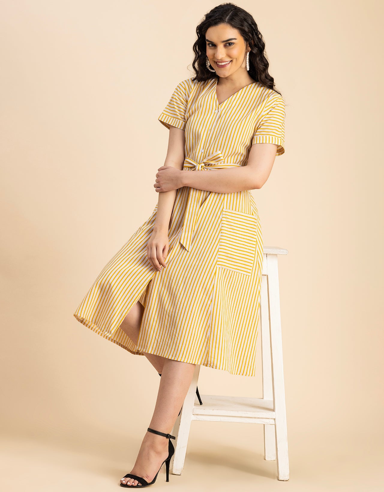 Short Sleeve V Neck A-Line Cotton Dress