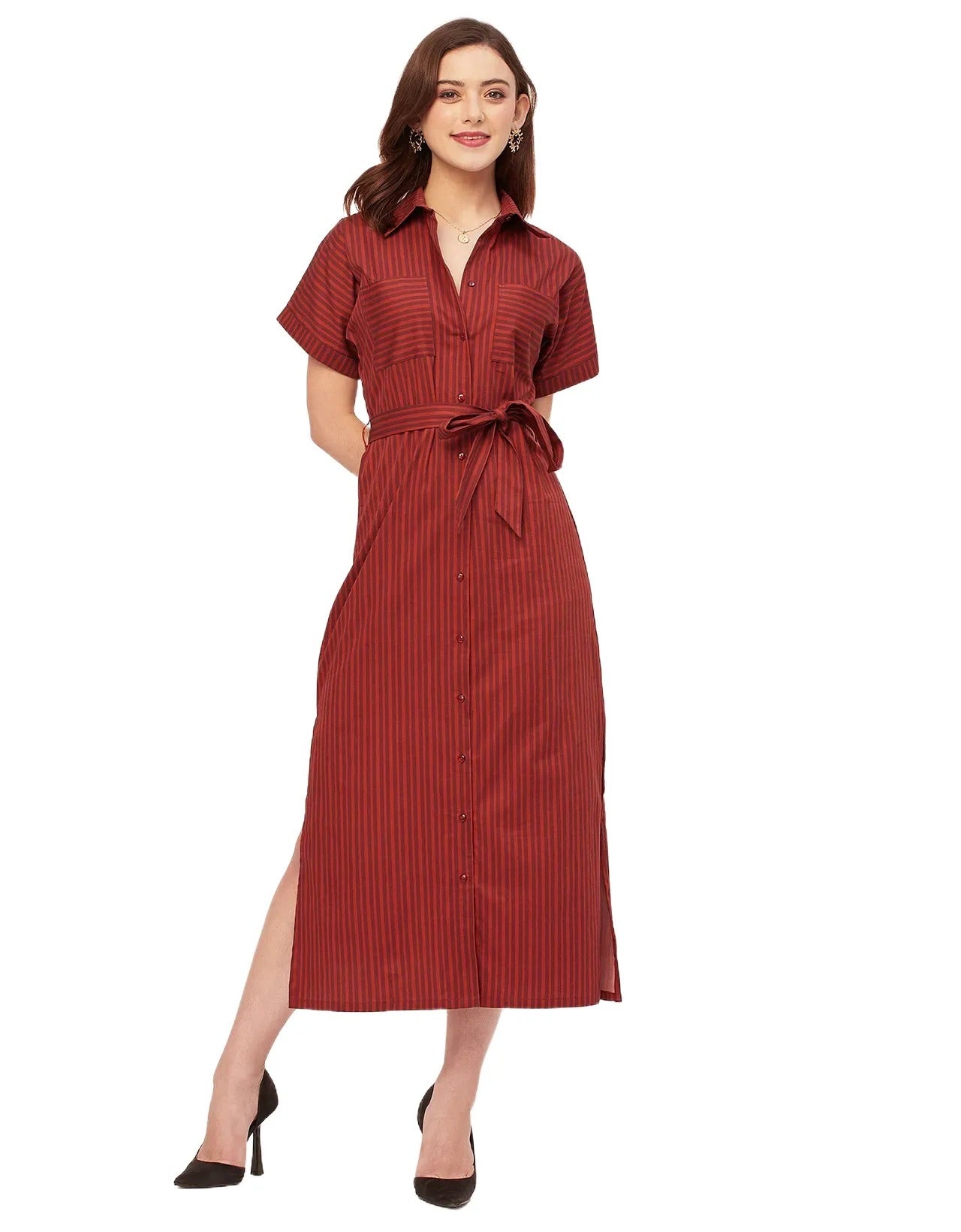 Short Sleeve Spread Collar Cotton Dress
