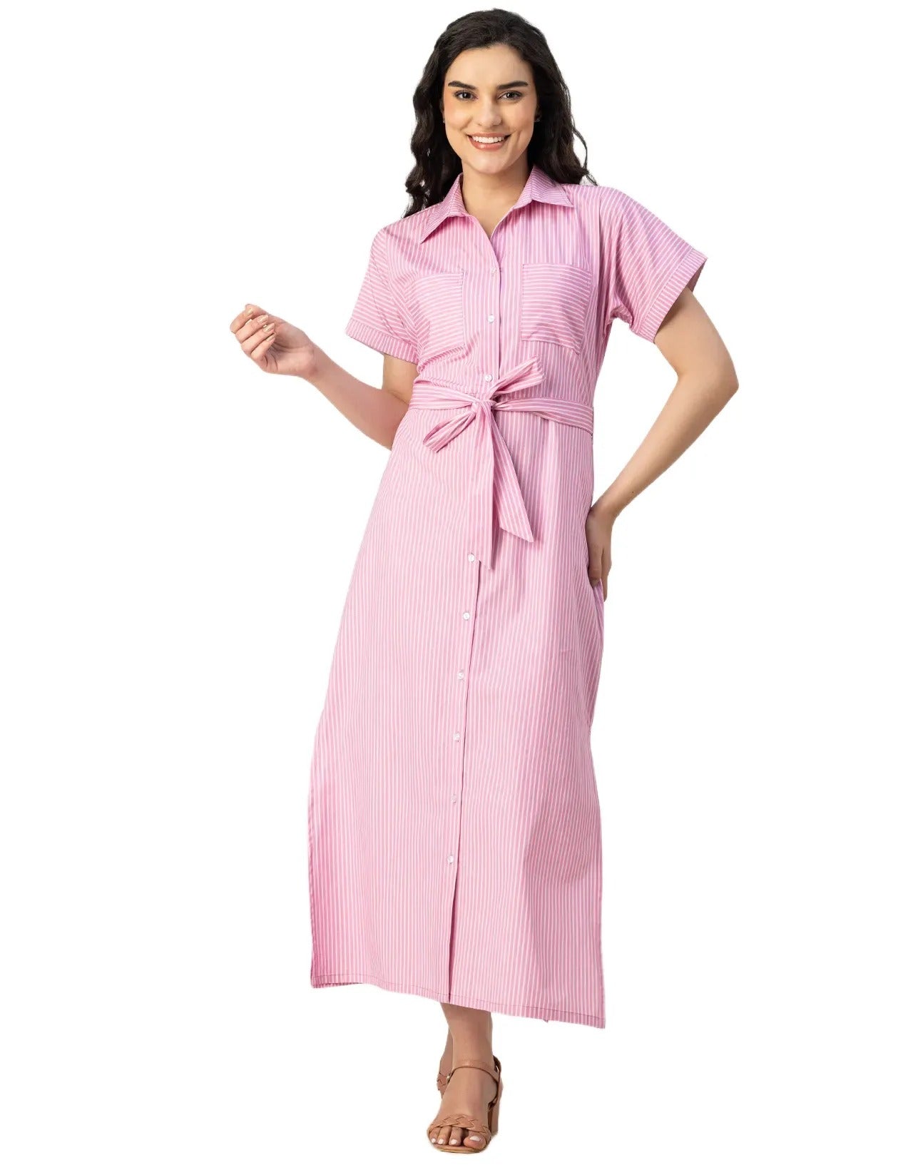 Short Sleeve Spread Collar Cotton Dress