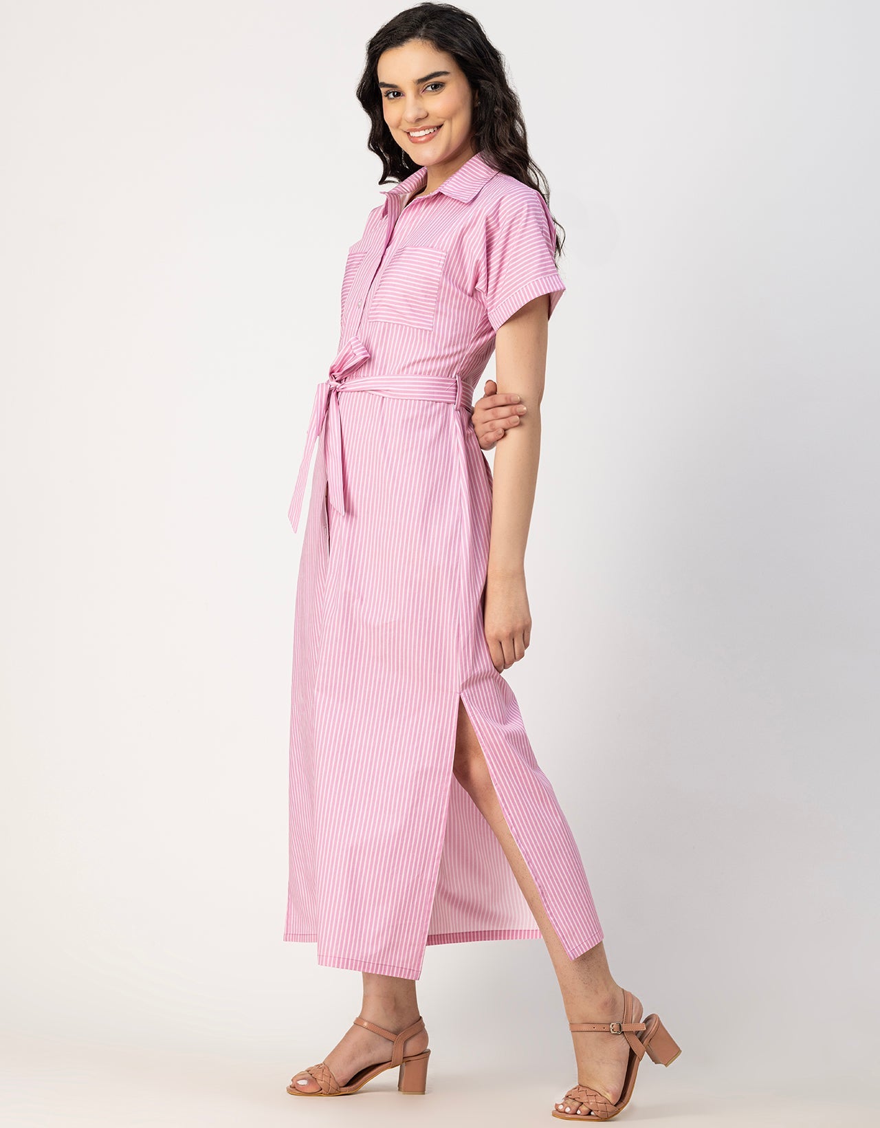 Short Sleeve Spread Collar Cotton Dress