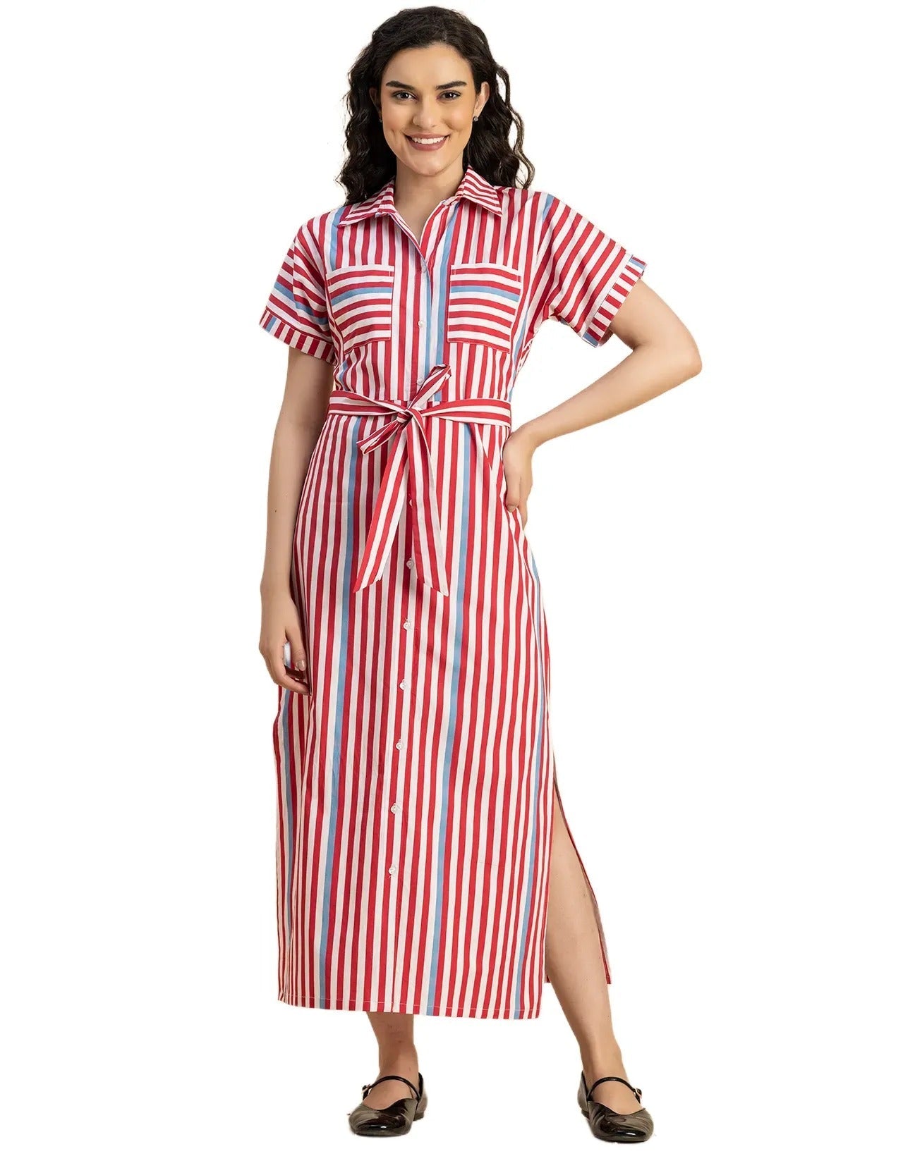 Short Sleeve Spread Collar Cotton Dress