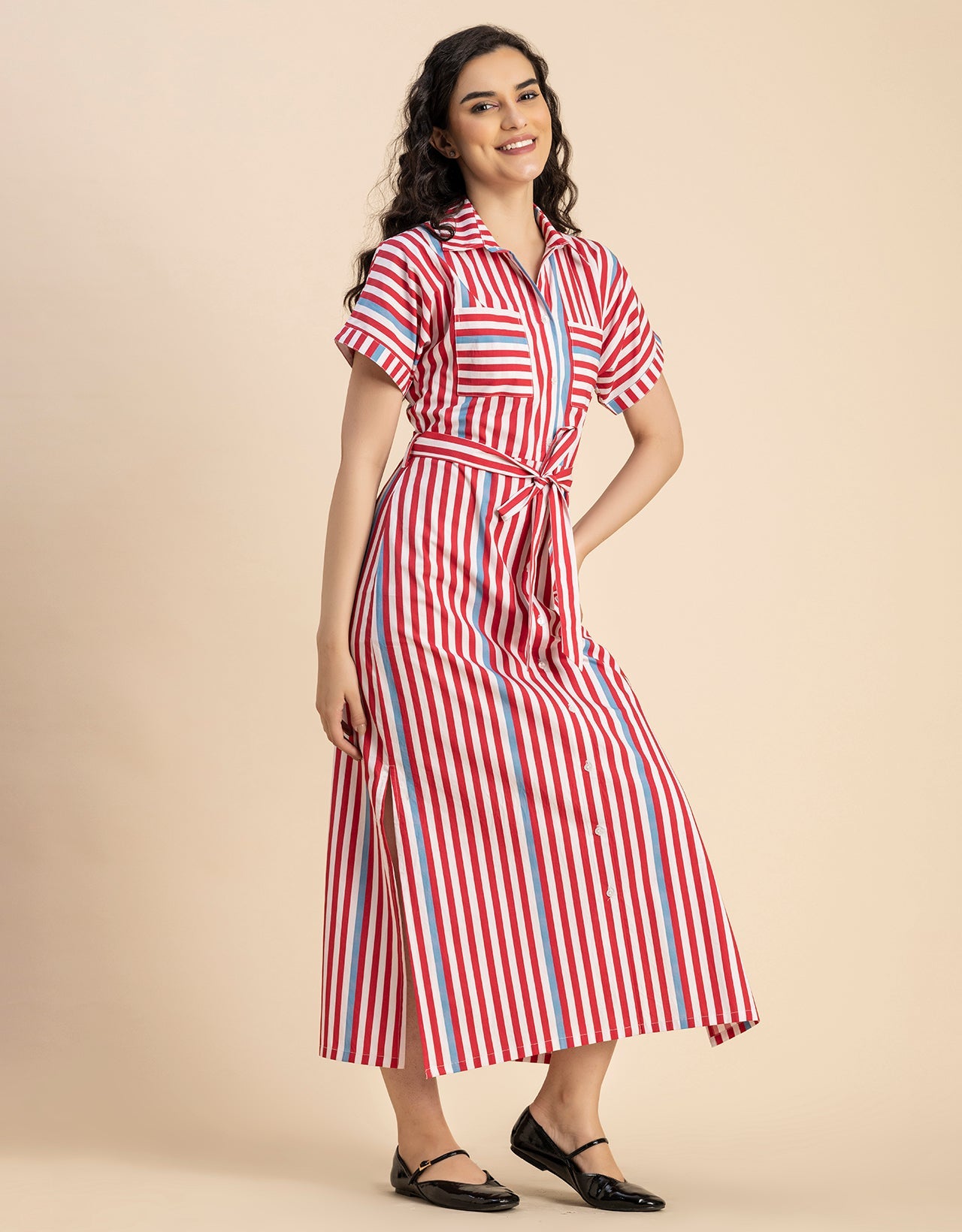 Short Sleeve Spread Collar Cotton Dress