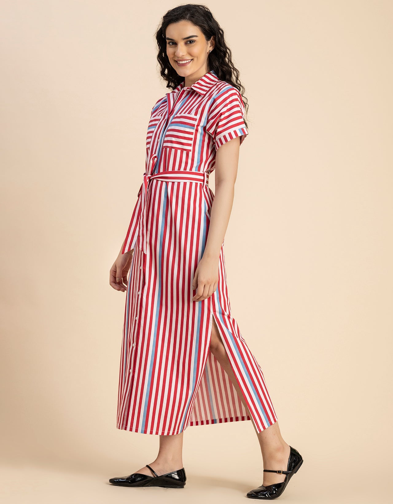 Short Sleeve Spread Collar Cotton Dress