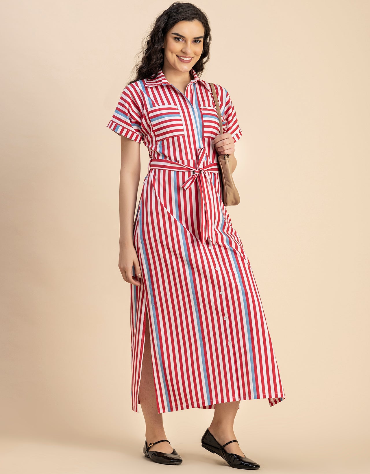 Short Sleeve Spread Collar Cotton Dress