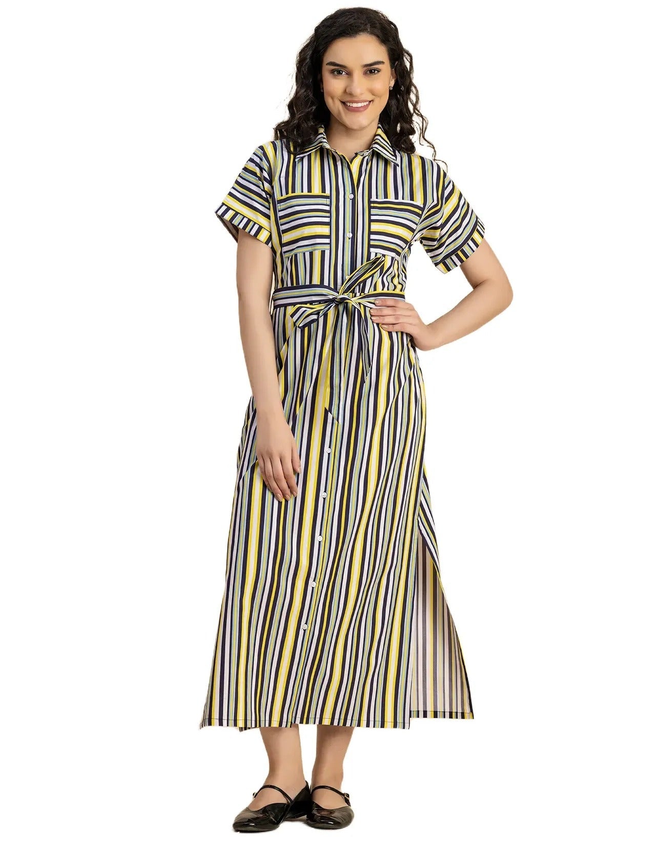 Short Sleeve Spread Collar Cotton Dress