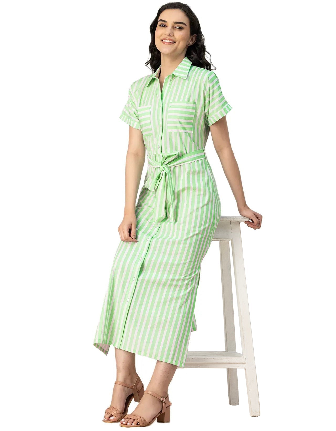 Short Sleeve Spread Collar Cotton Dress