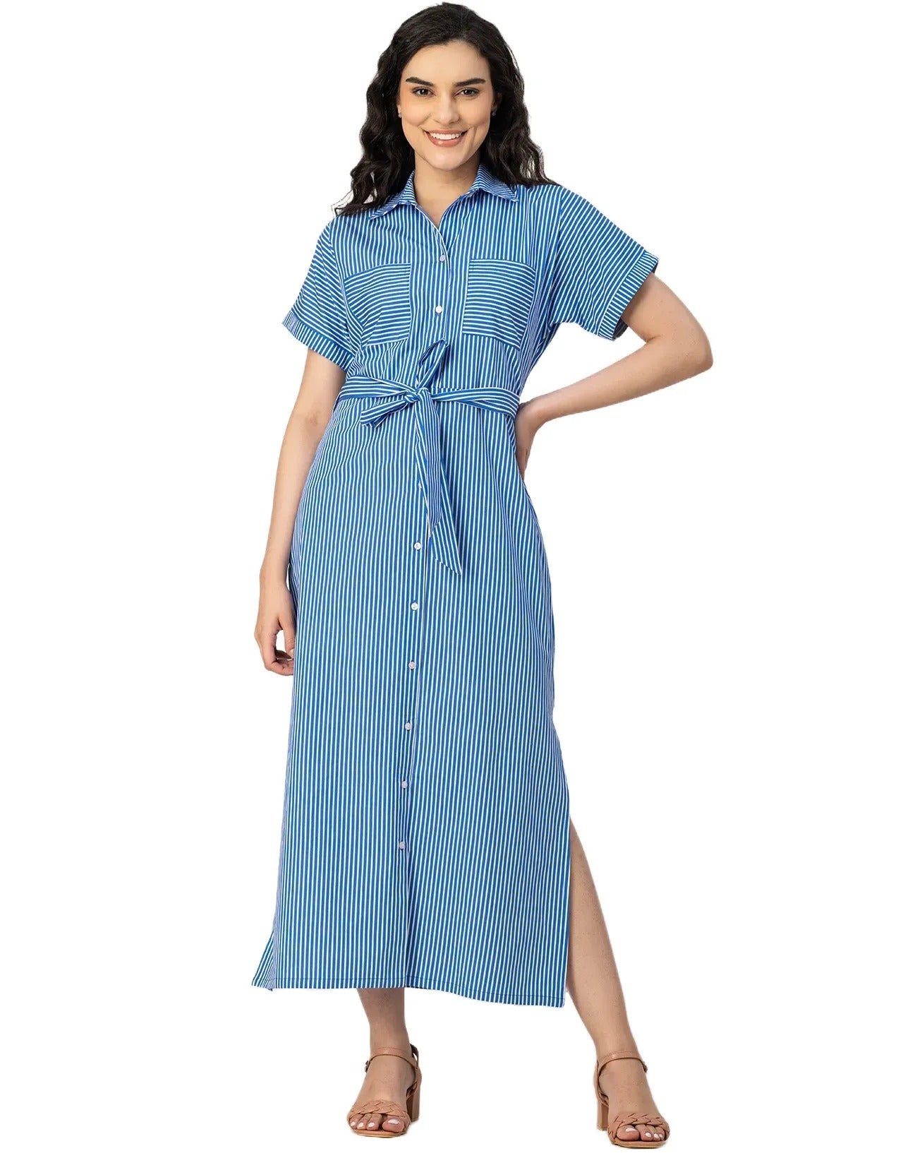 Short Sleeve Spread Collar Cotton Dress