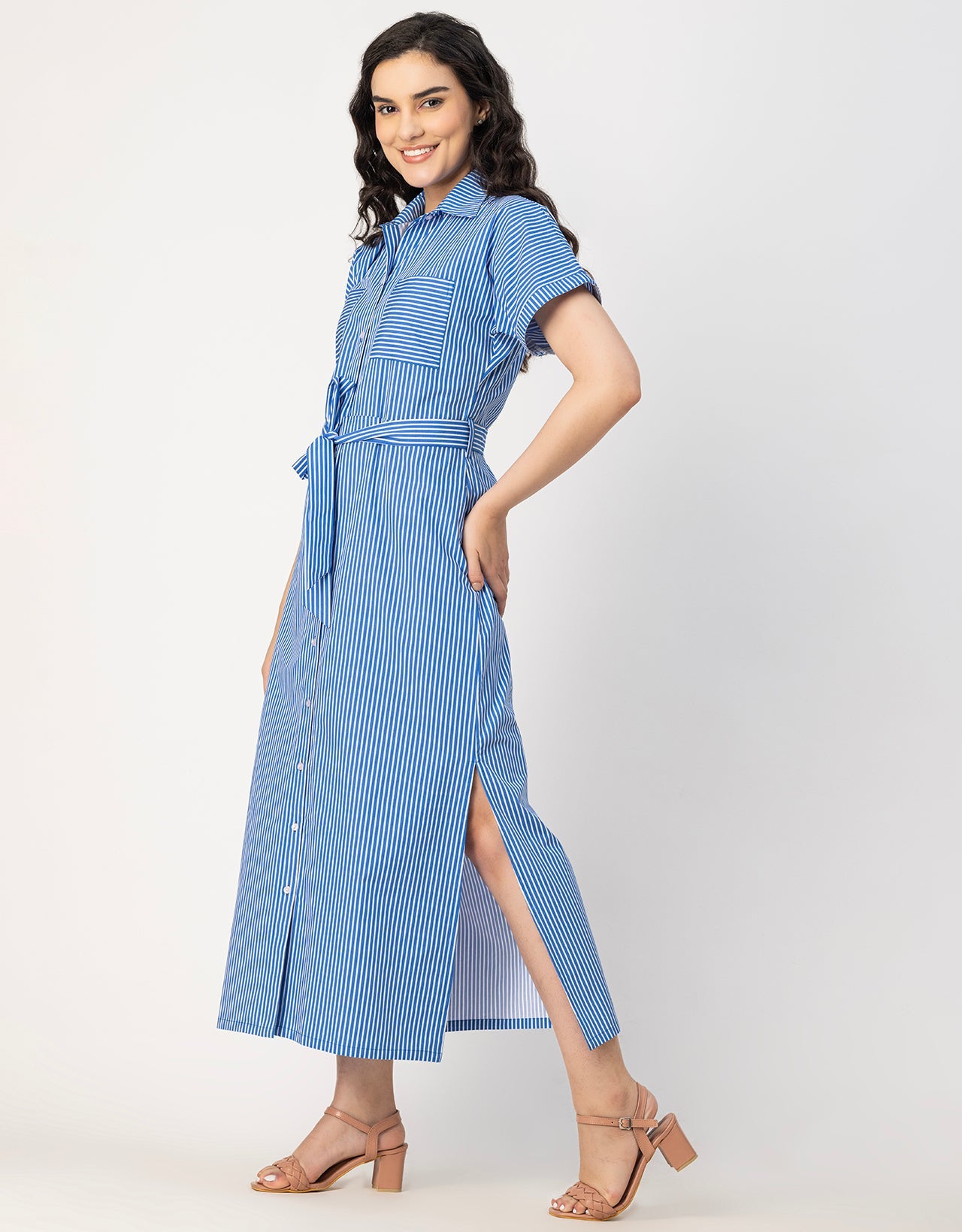 Short Sleeve Spread Collar Cotton Dress