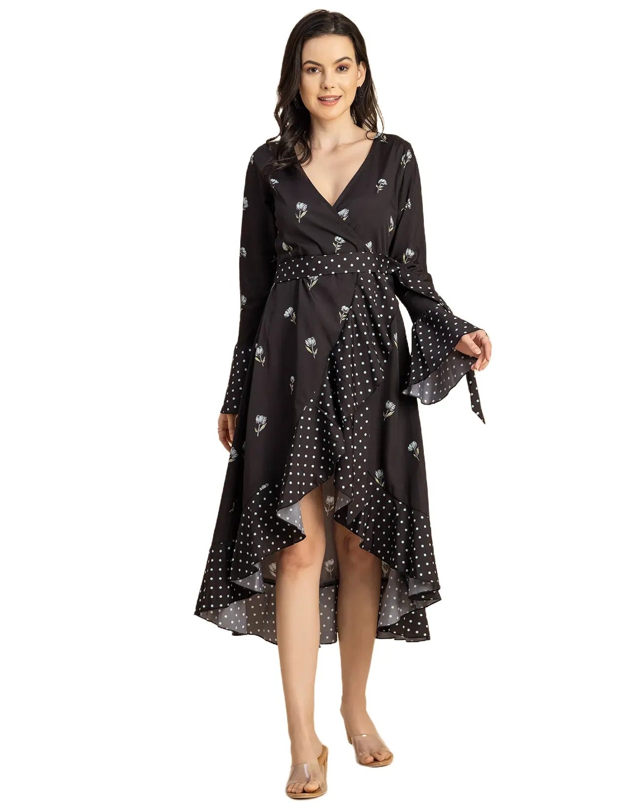 Elegant Printed Wrap Dress - Evening Party Wear