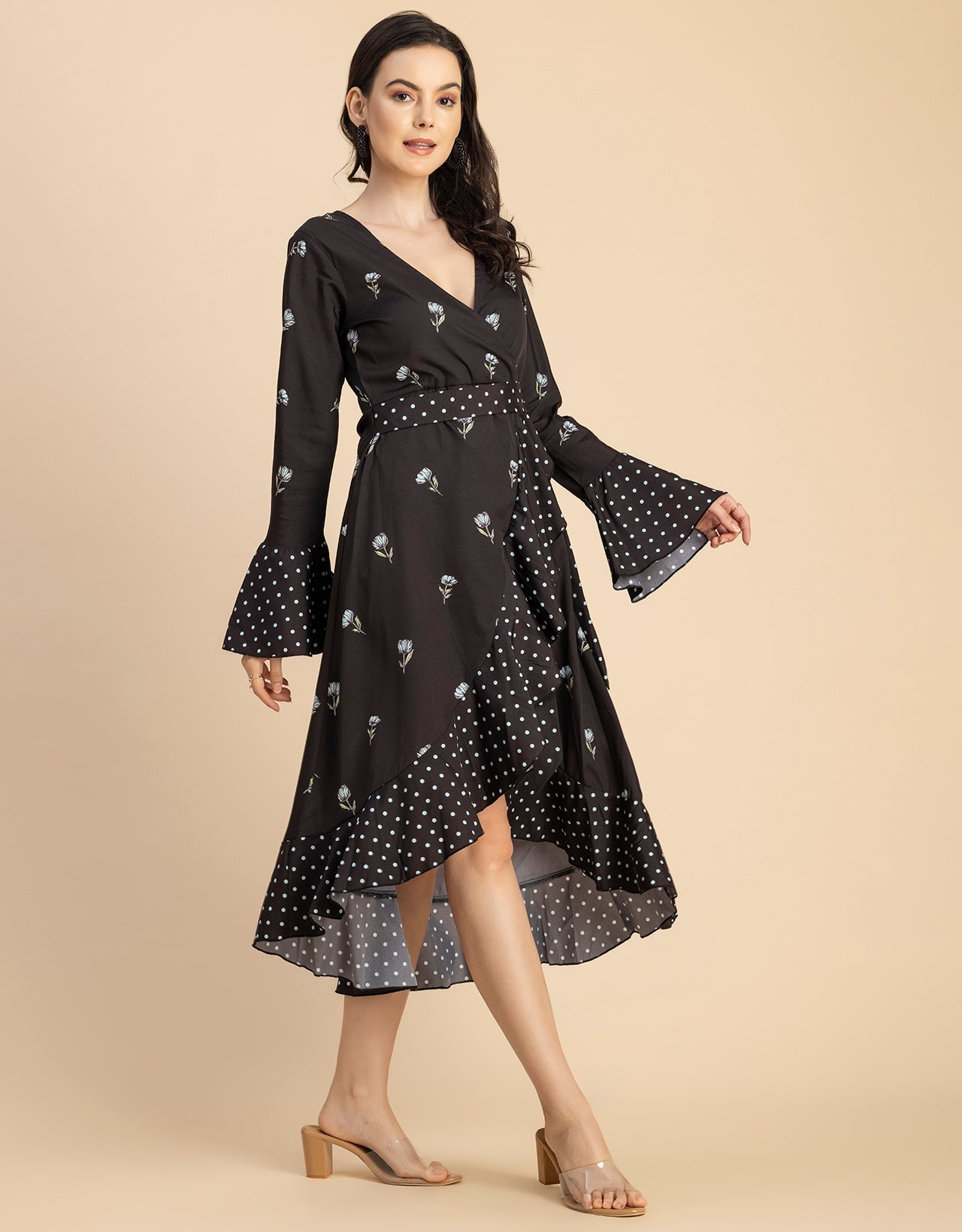 Elegant Printed Wrap Dress - Evening Party Wear