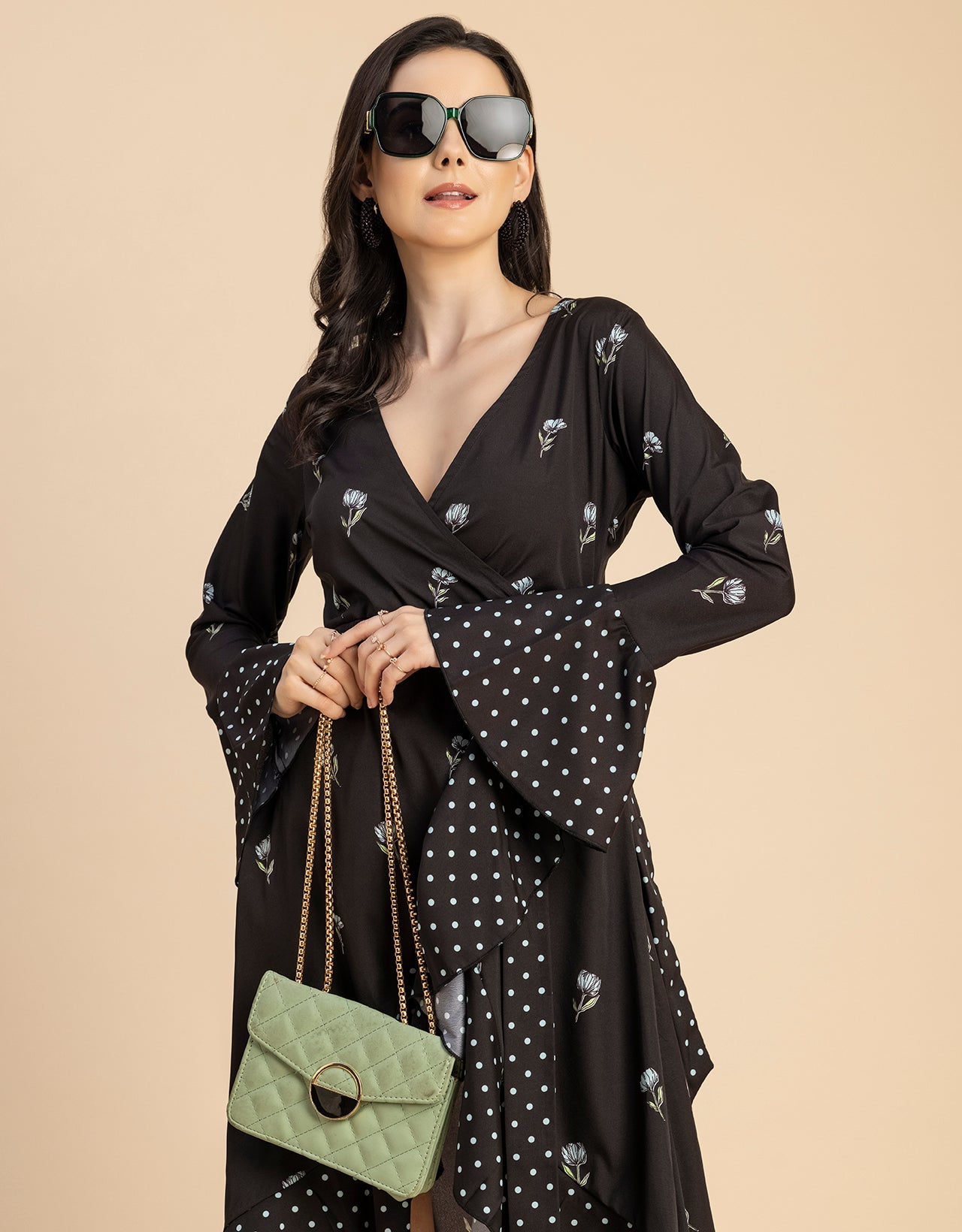 Elegant Printed Wrap Dress - Evening Party Wear