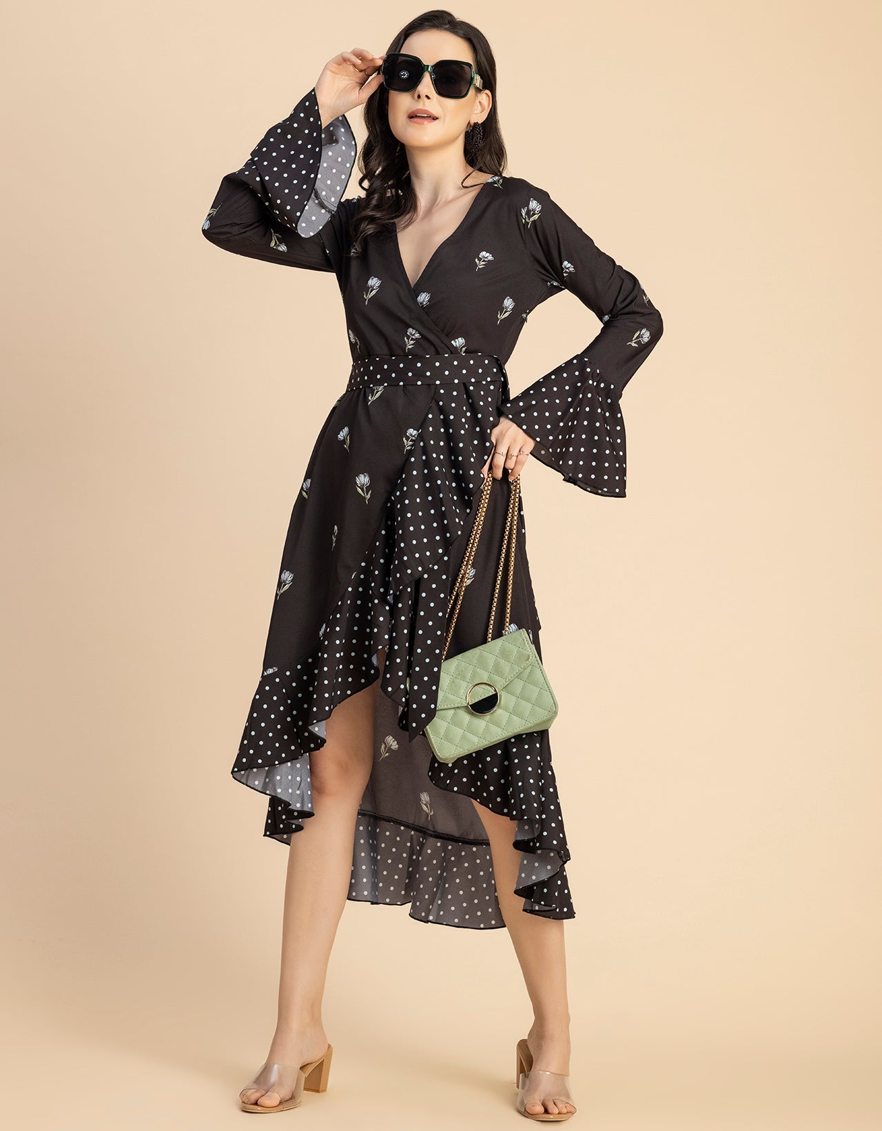 Elegant Printed Wrap Dress - Evening Party Wear