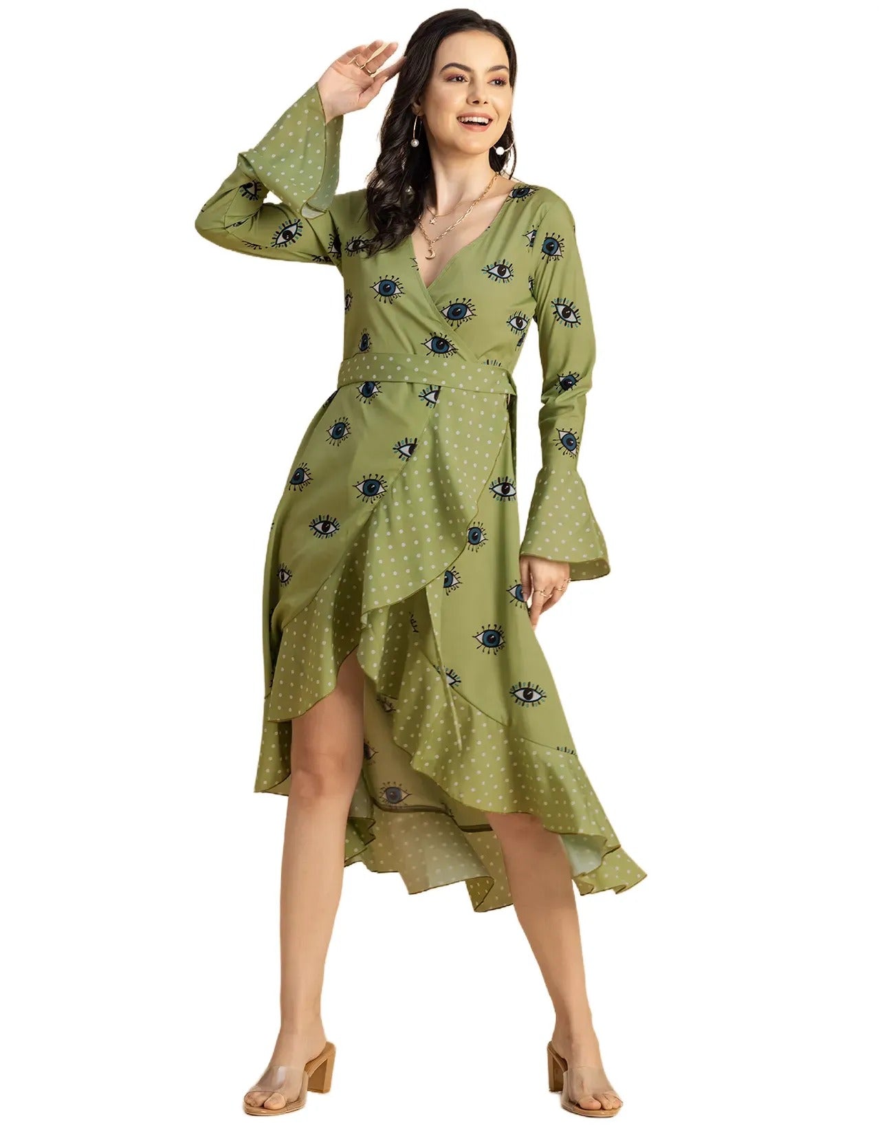 Elegant Printed Wrap Dress - Evening Party Wear