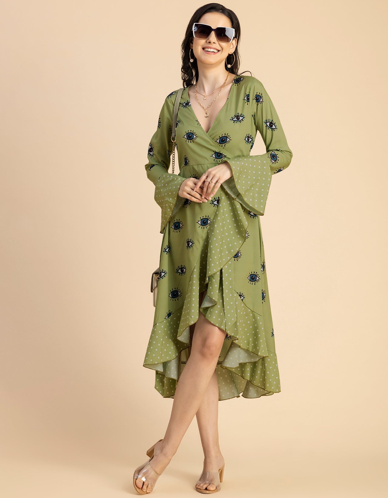 Elegant Printed Wrap Dress - Evening Party Wear