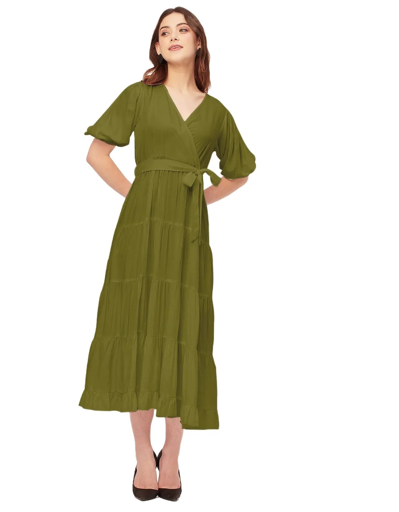 Short Sleeve V Neck Solid Rayon Dress
