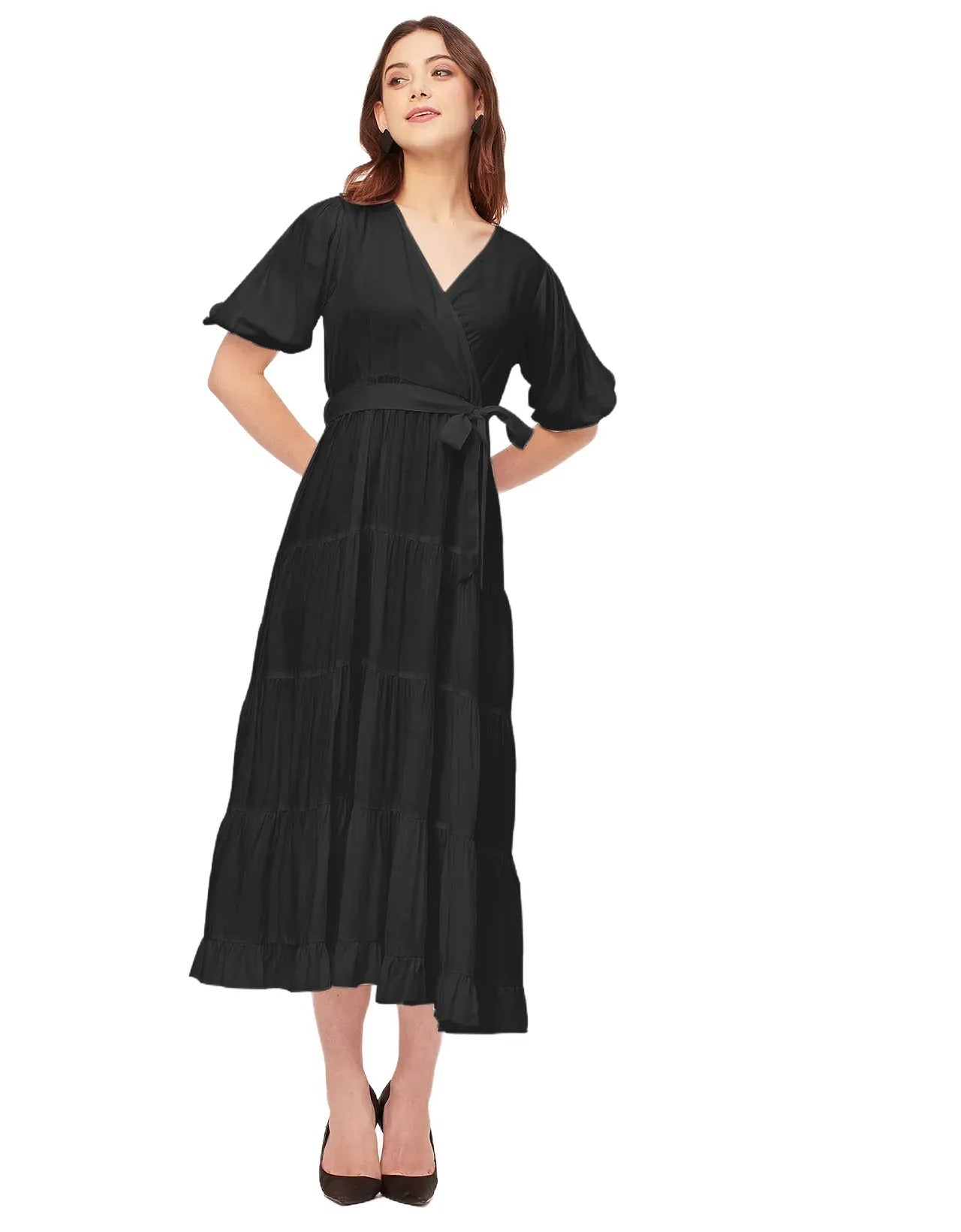Short Sleeve V Neck Solid Rayon Dress