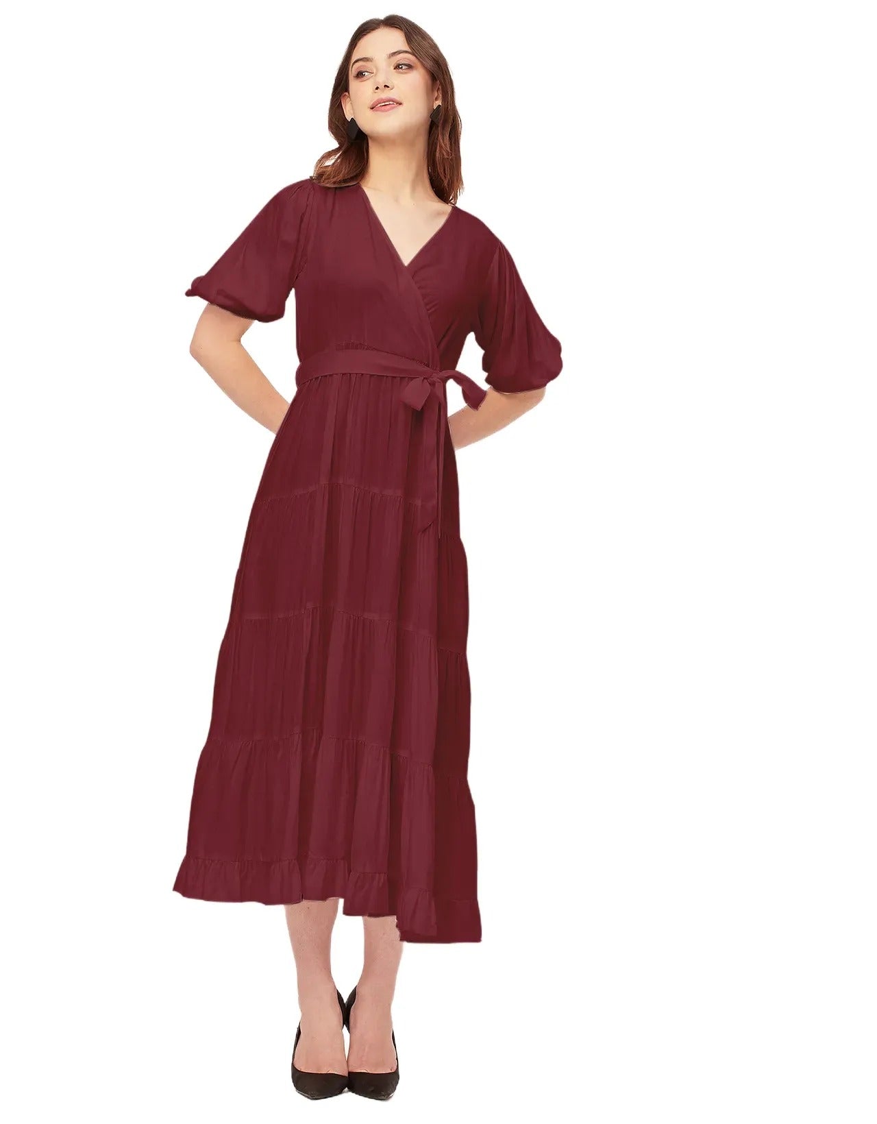 Short Sleeve V Neck Solid Rayon Dress