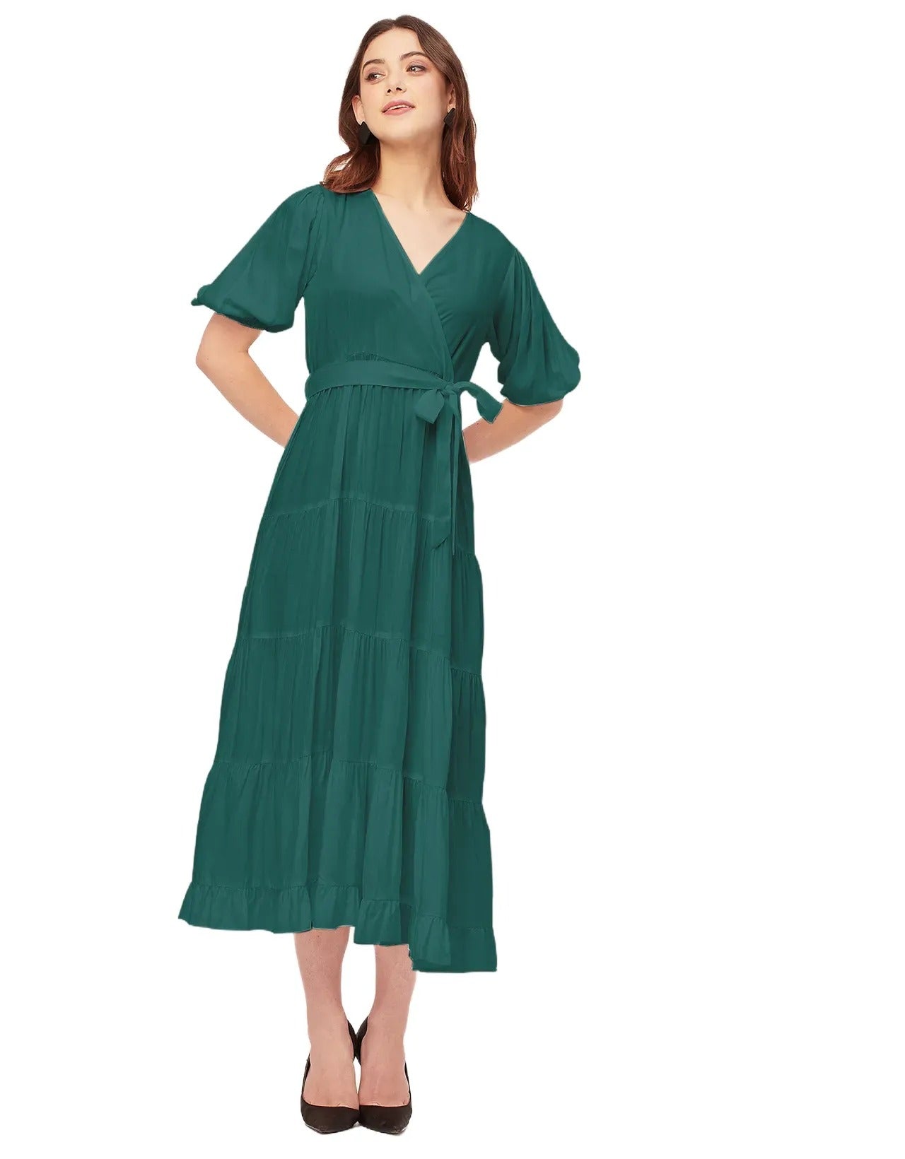 Short Sleeve V Neck Solid Rayon Dress