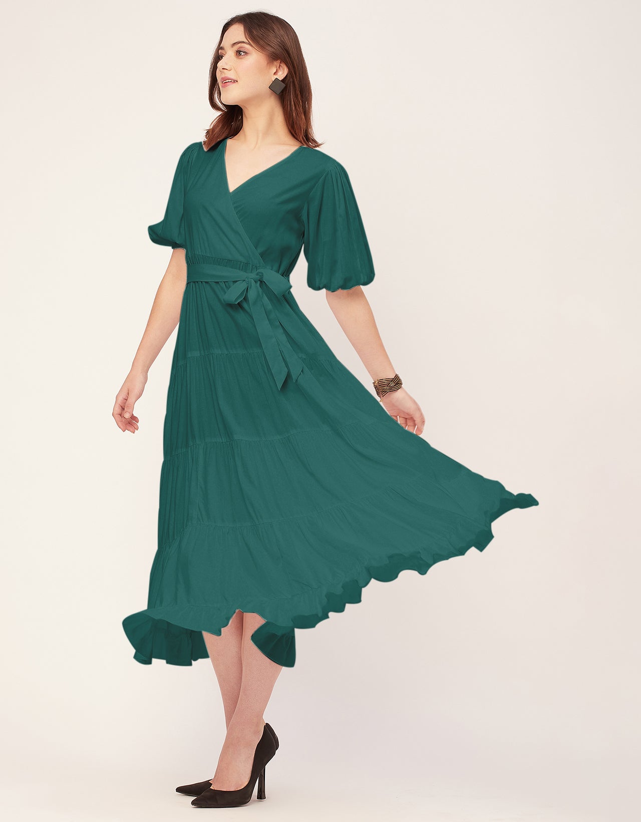 Short Sleeve V Neck Solid Rayon Dress