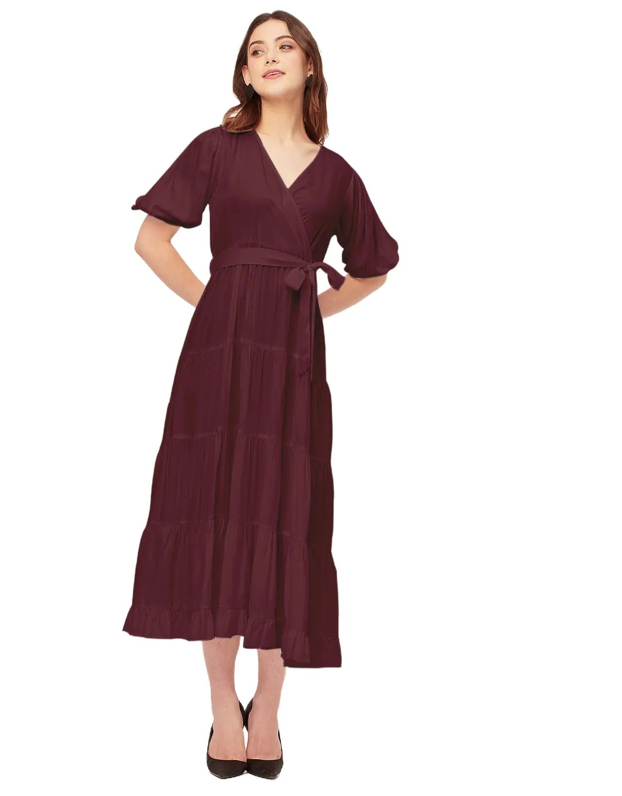 Short Sleeve V Neck Solid Rayon Dress