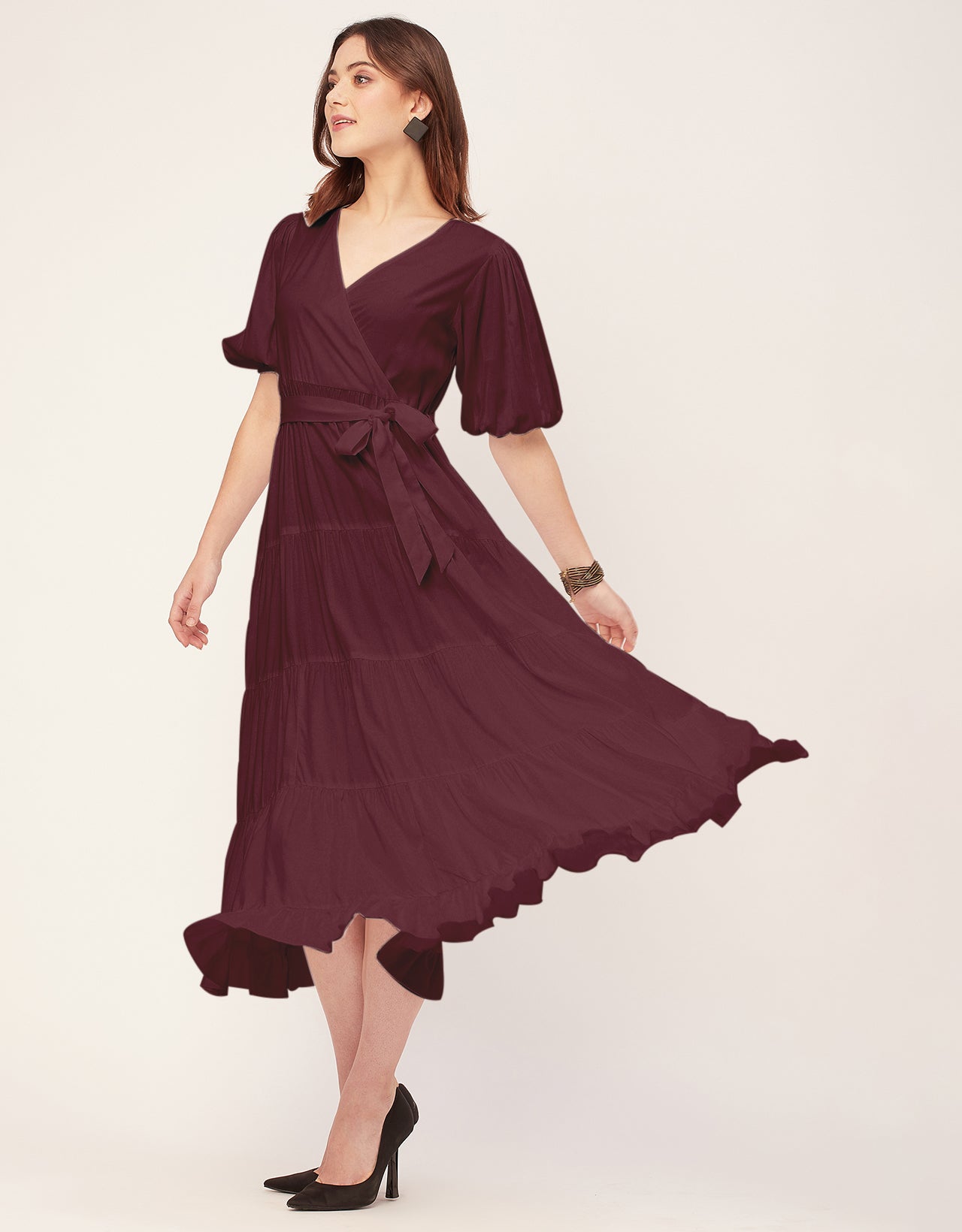 Short Sleeve V Neck Solid Rayon Dress