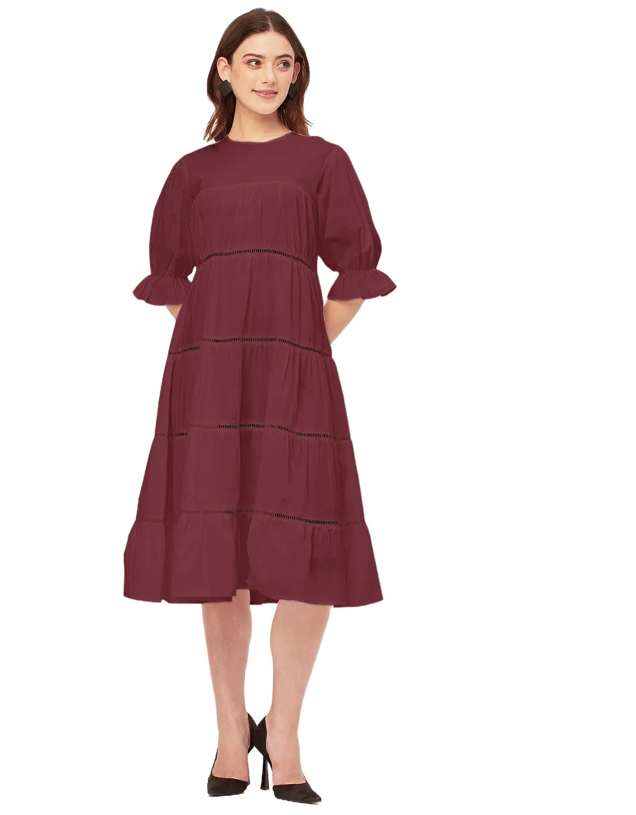 Short Sleeves Round Neck Tiered Cotton Dress