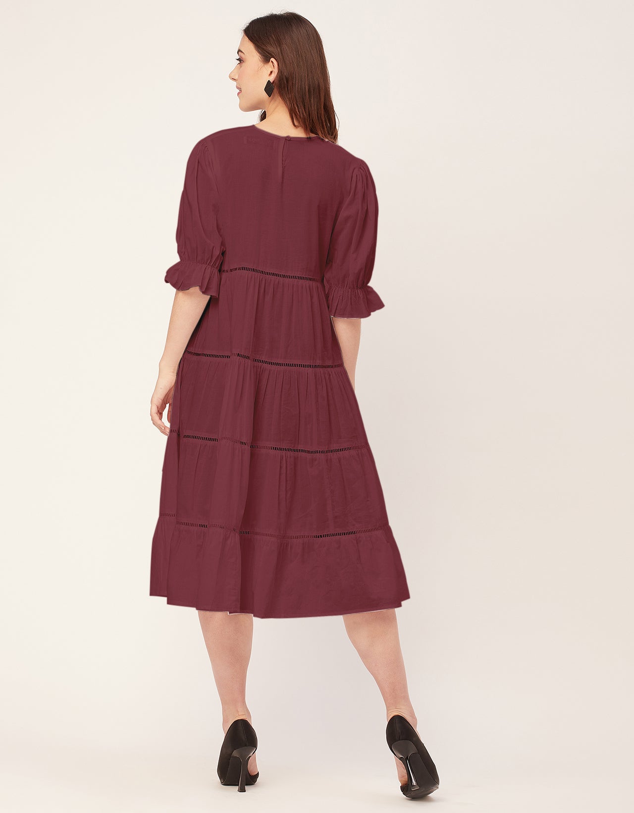 Short Sleeves Round Neck Tiered Cotton Dress