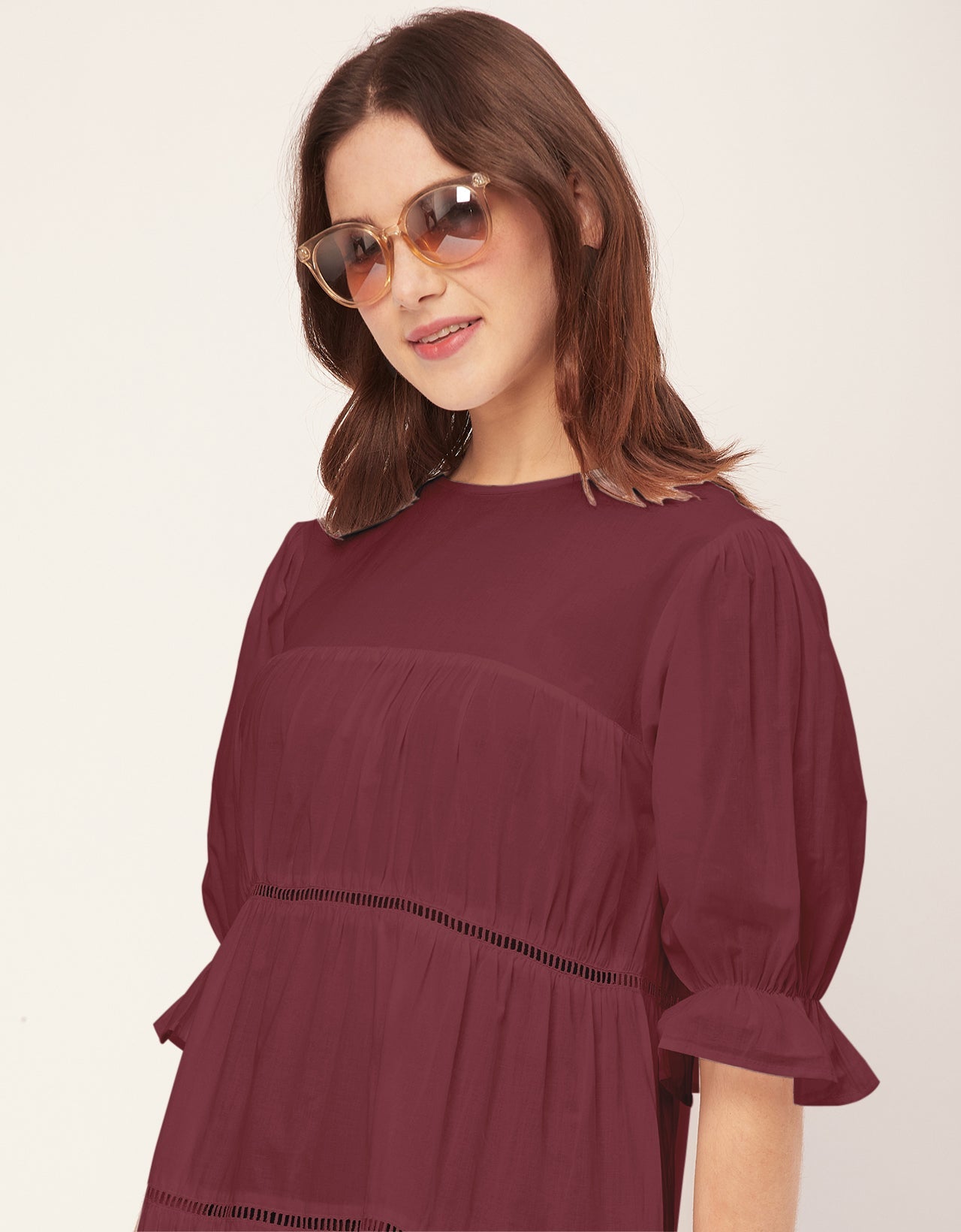 Short Sleeves Round Neck Tiered Cotton Dress