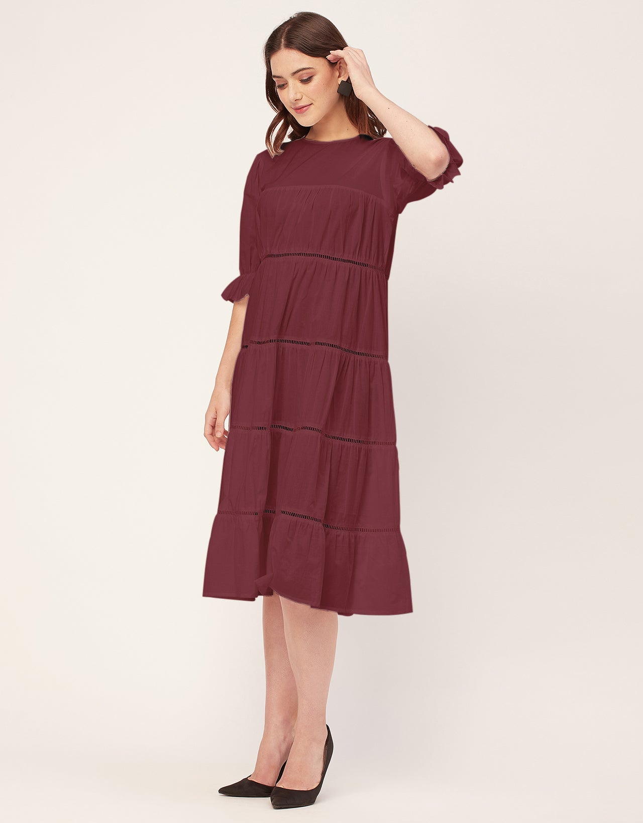 Short Sleeves Round Neck Tiered Cotton Dress