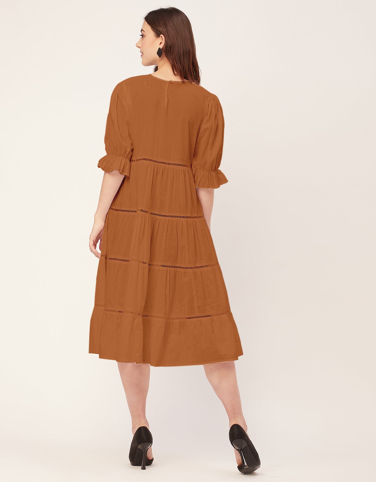 Short Sleeves Round Neck Tiered Cotton Dress