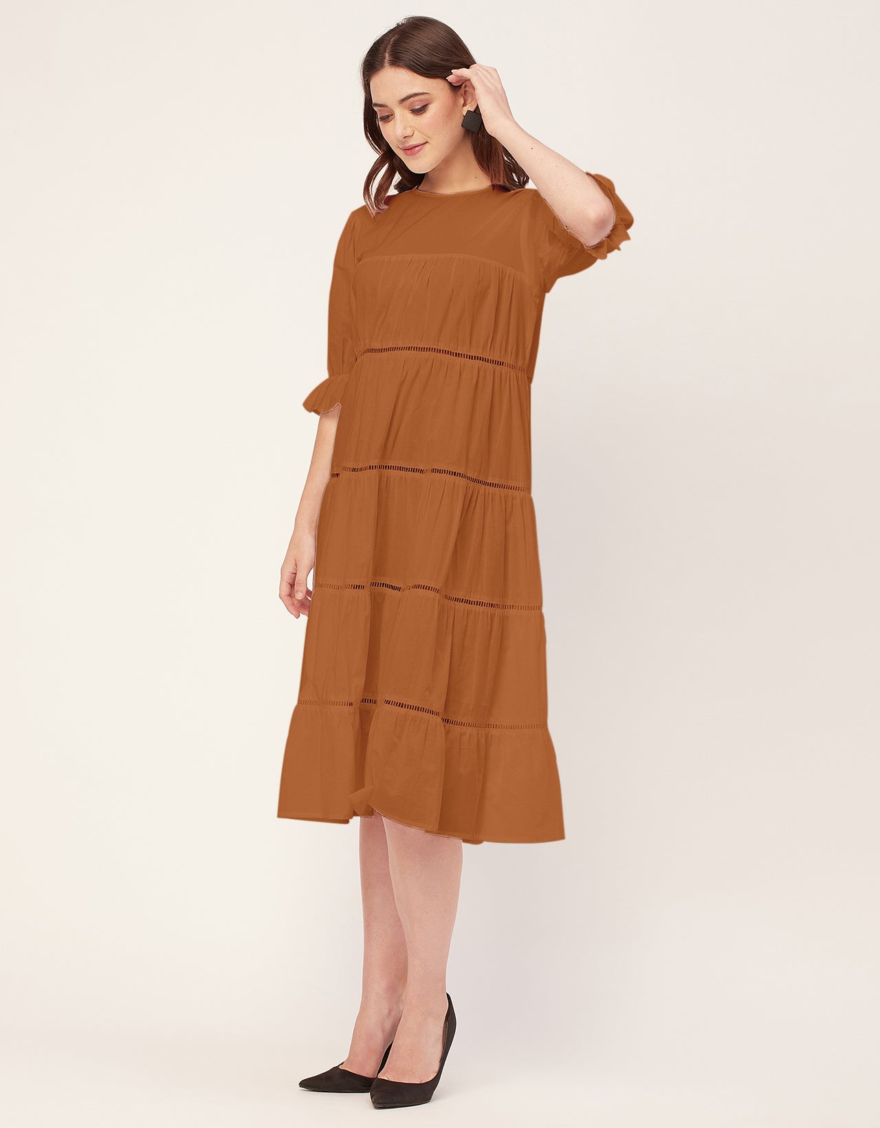 Short Sleeves Round Neck Tiered Cotton Dress