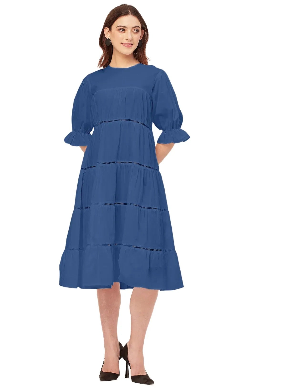 Short Sleeves Round Neck Tiered Cotton Dress