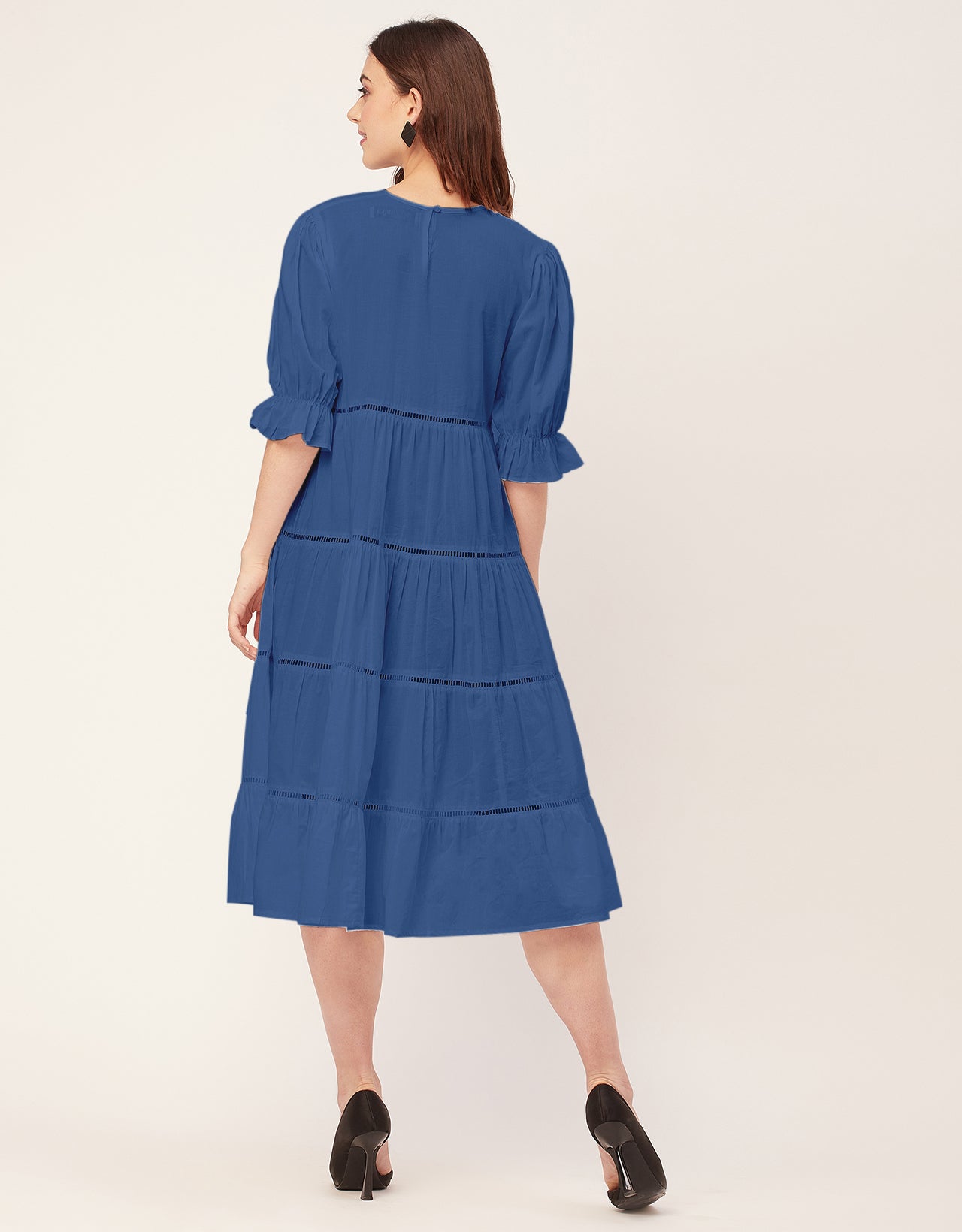 Short Sleeves Round Neck Tiered Cotton Dress