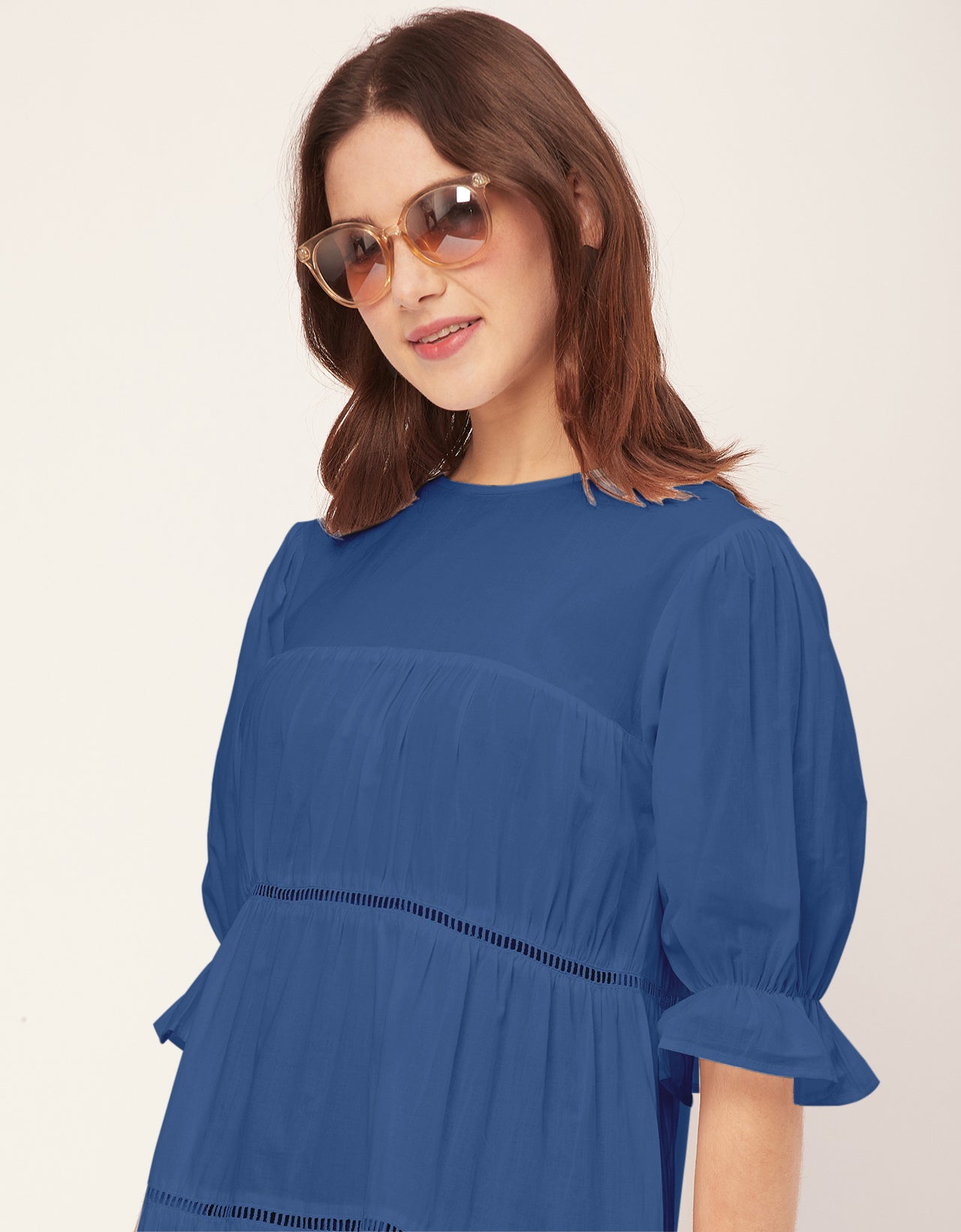 Short Sleeves Round Neck Tiered Cotton Dress