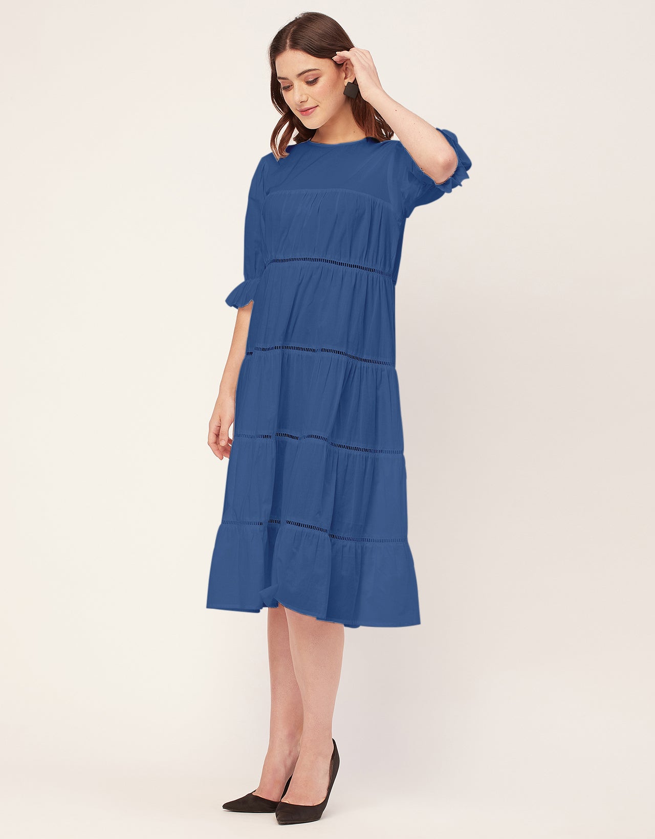 Short Sleeves Round Neck Tiered Cotton Dress