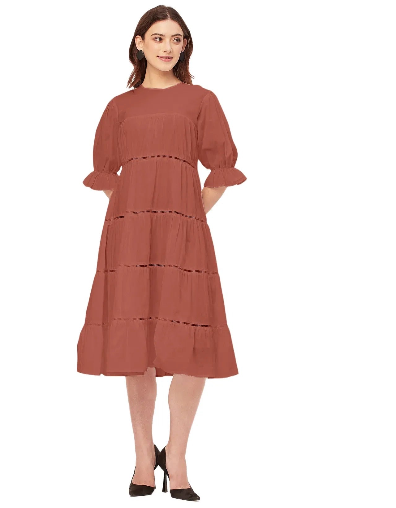 Short Sleeves Round Neck Tiered Cotton Dress