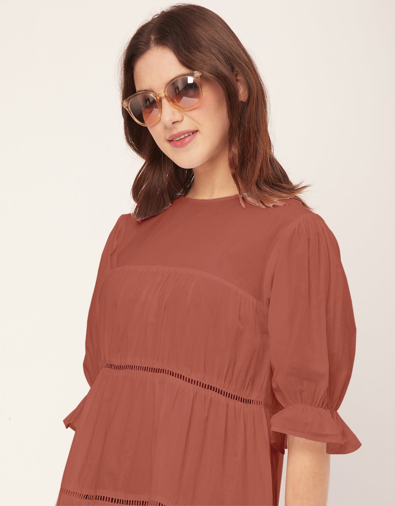 Short Sleeves Round Neck Tiered Cotton Dress