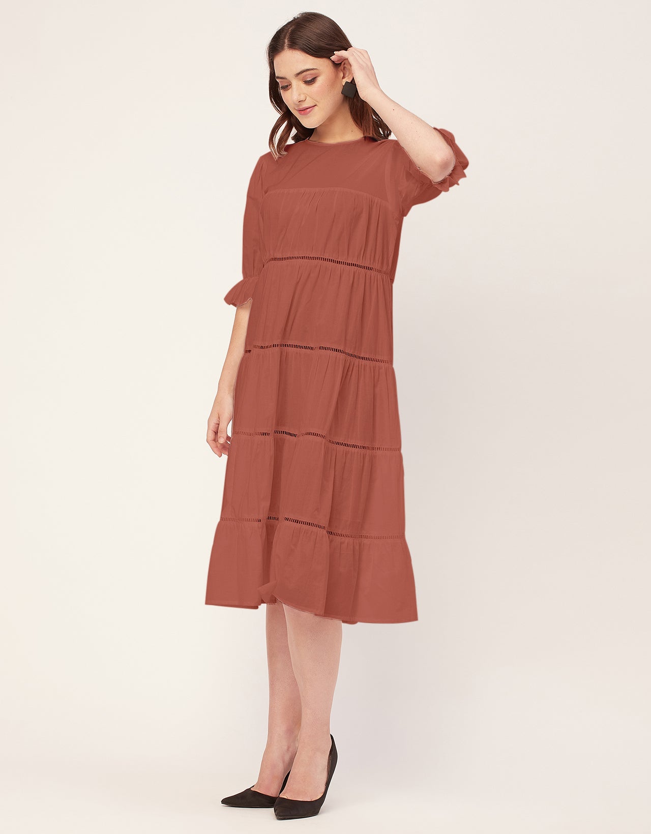 Short Sleeves Round Neck Tiered Cotton Dress