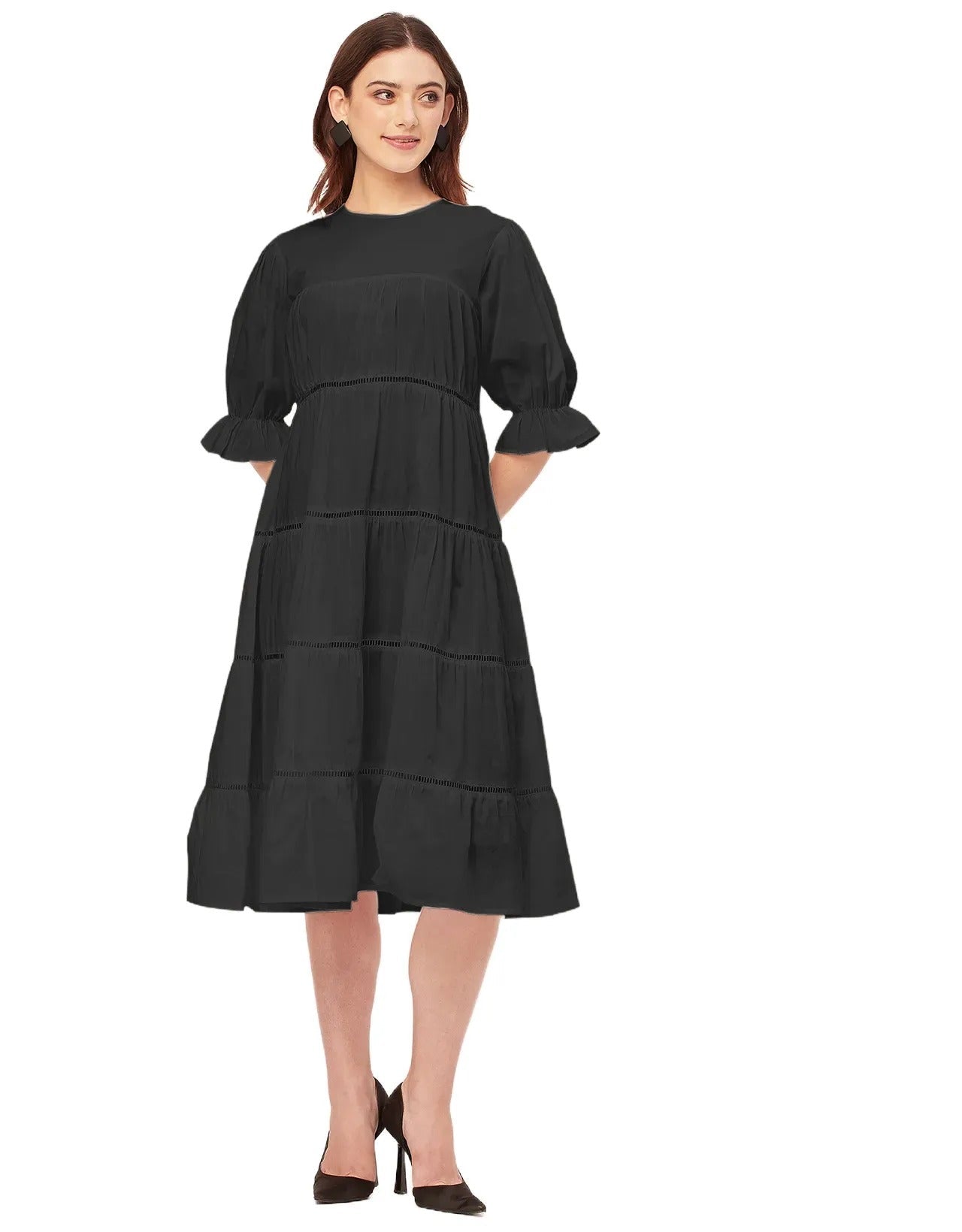 Short Sleeves Round Neck Tiered Cotton Dress