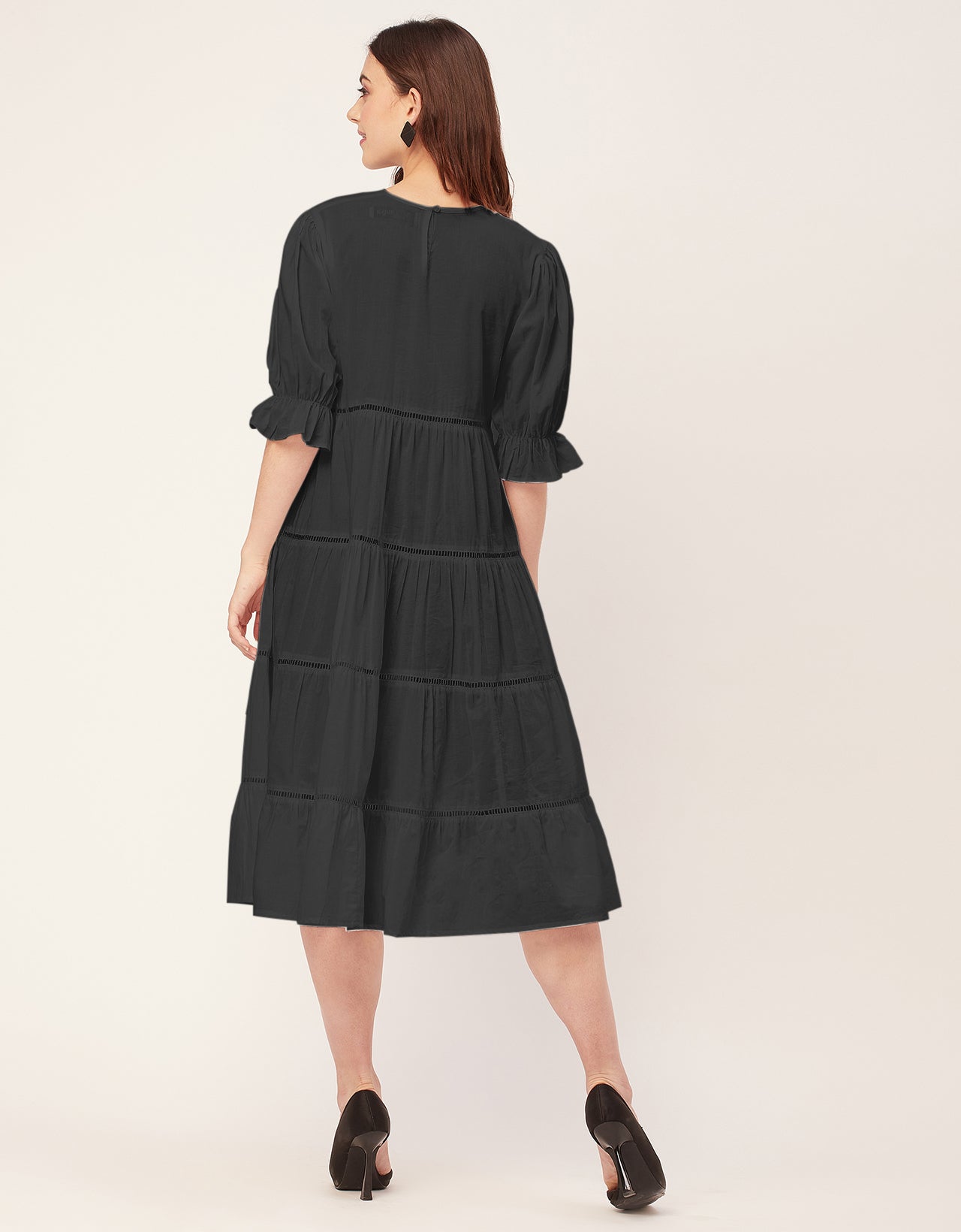 Short Sleeves Round Neck Tiered Cotton Dress