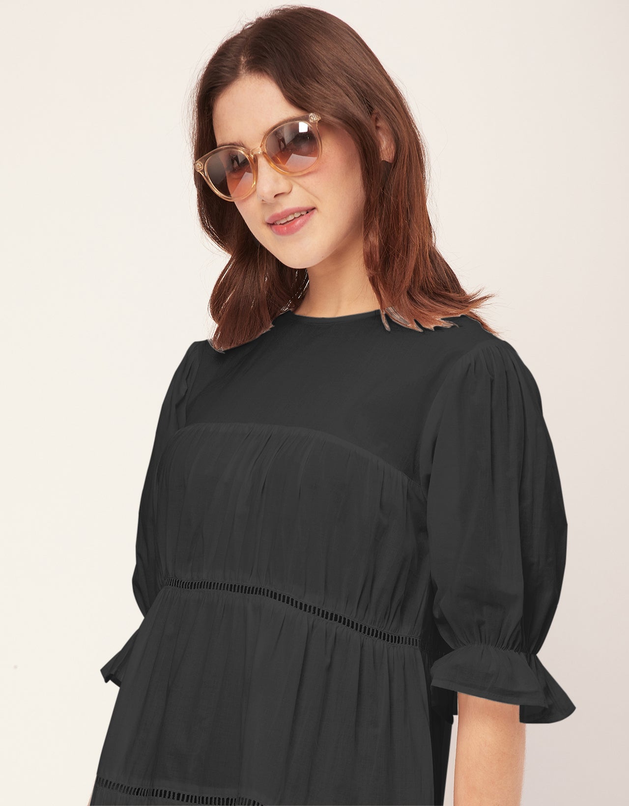 Short Sleeves Round Neck Tiered Cotton Dress