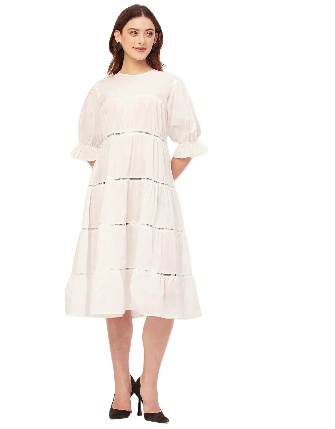 Short Sleeves Round Neck Tiered Cotton Dress
