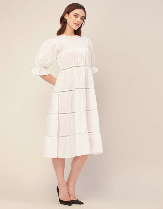 Short Sleeves Round Neck Tiered Cotton Dress