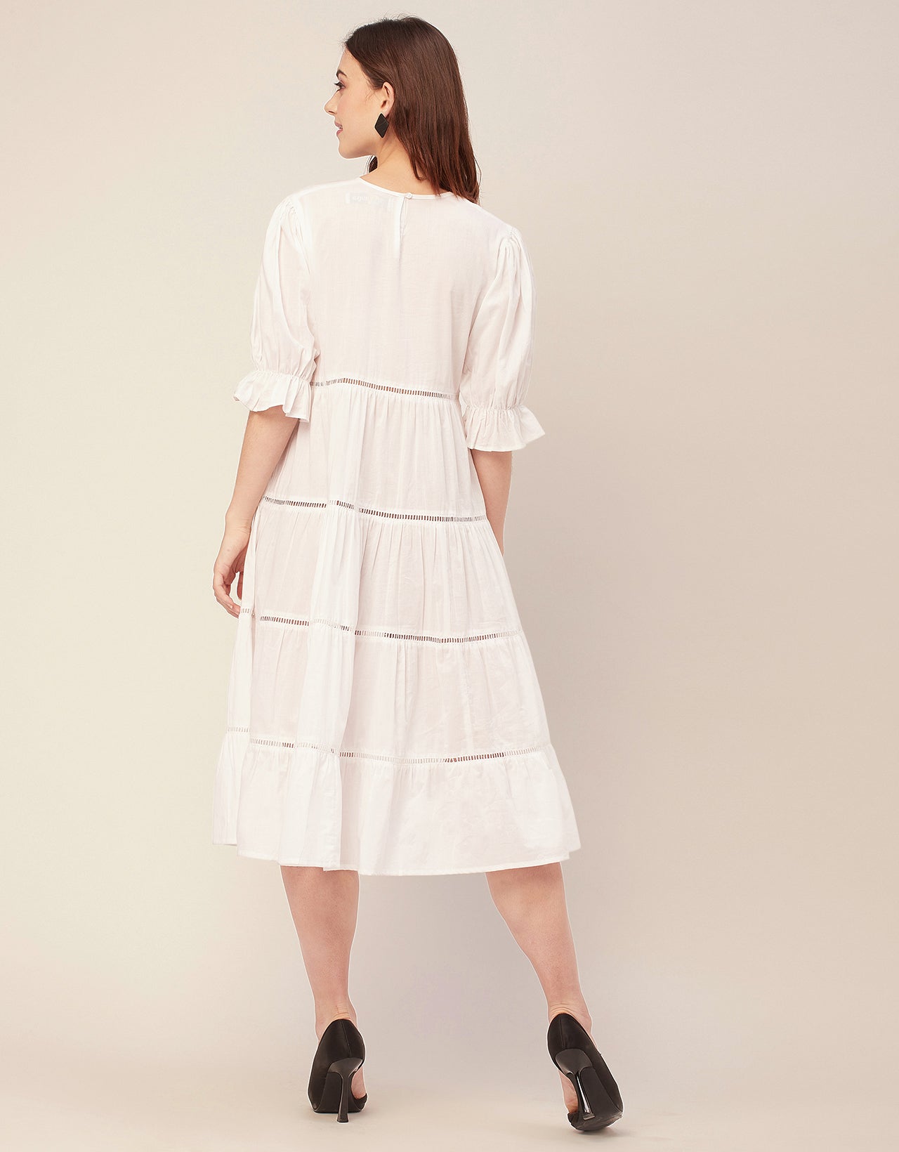Short Sleeves Round Neck Tiered Cotton Dress