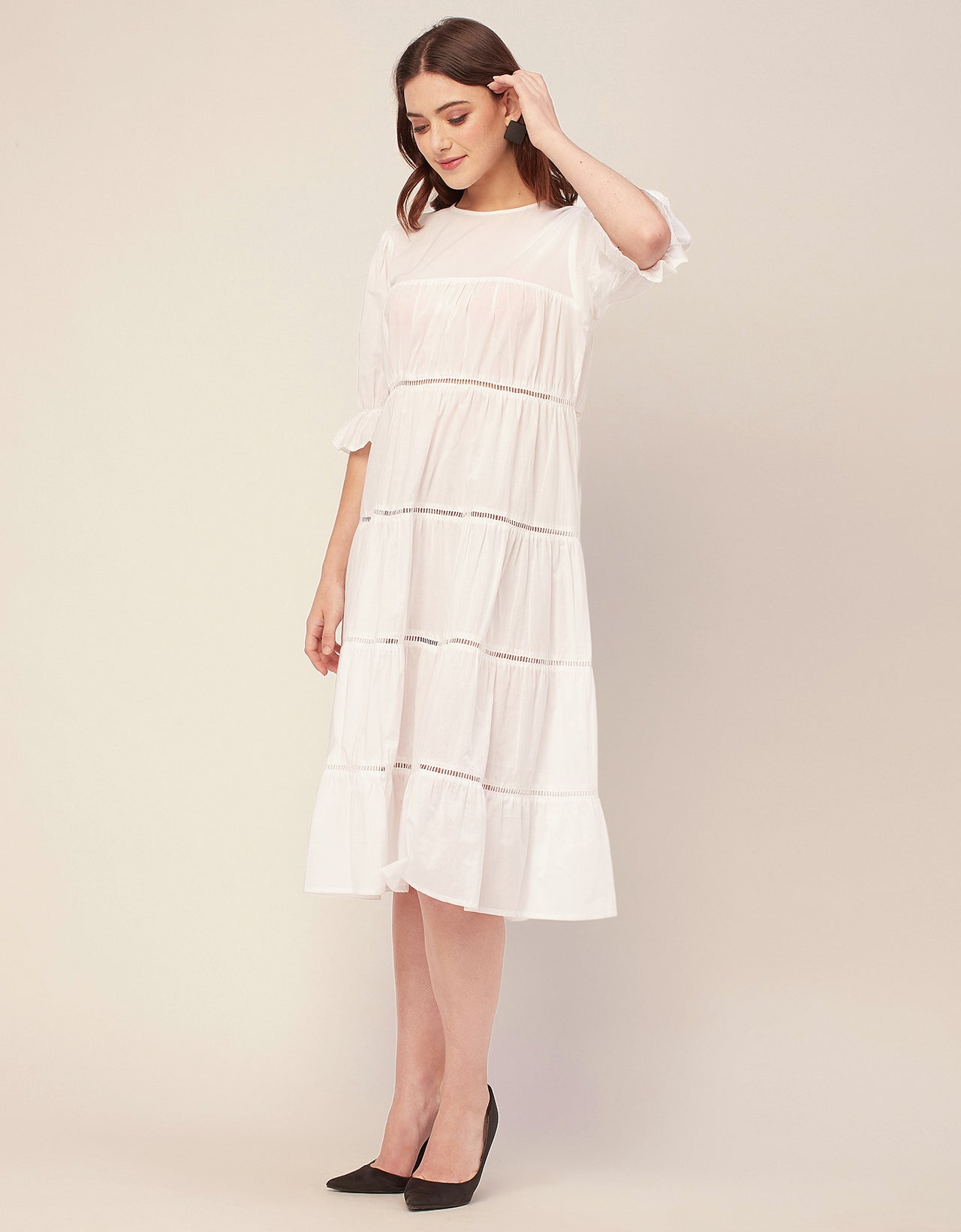 Short Sleeves Round Neck Tiered Cotton Dress