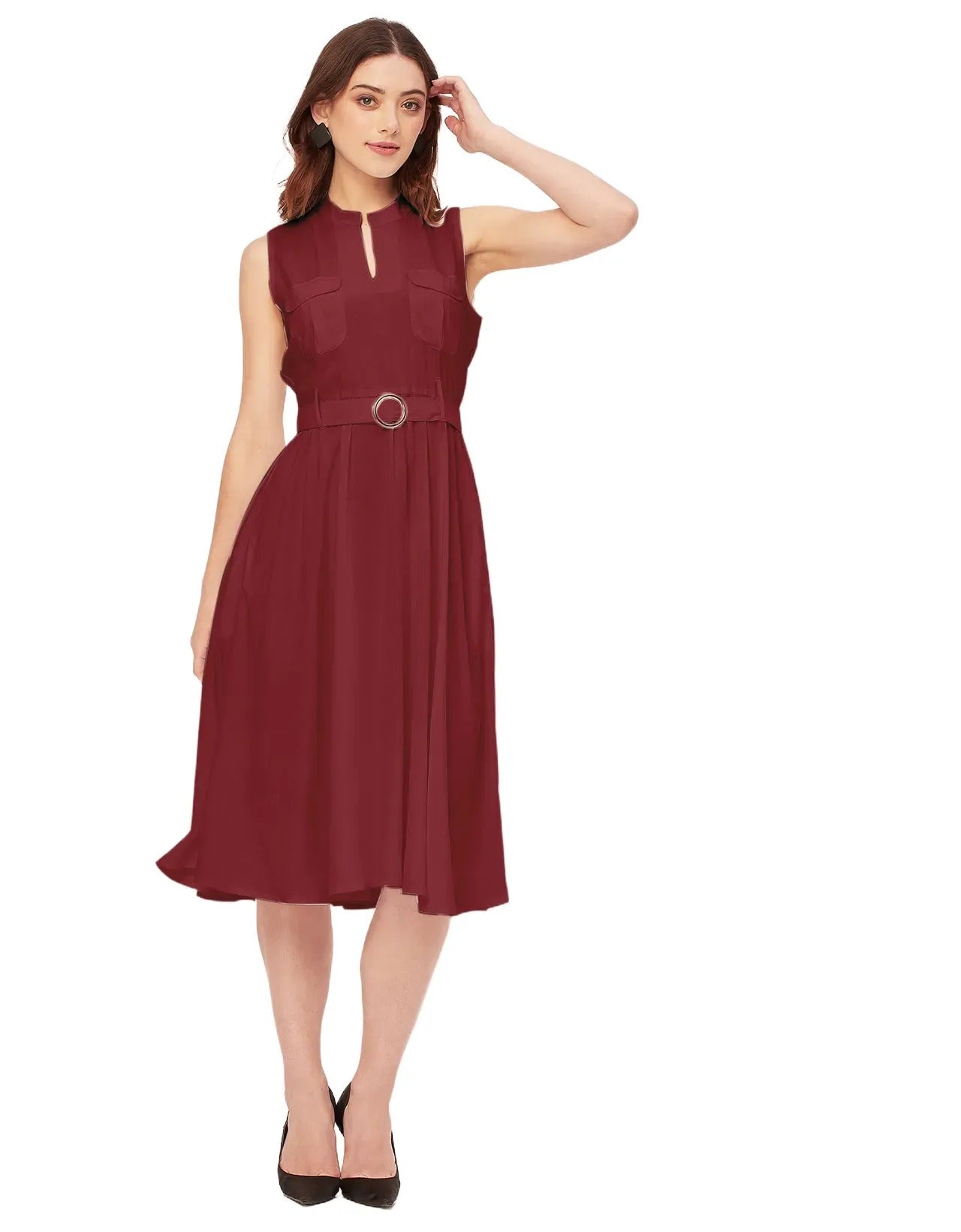Sleeveless Mandarin Collar Rayon Dress