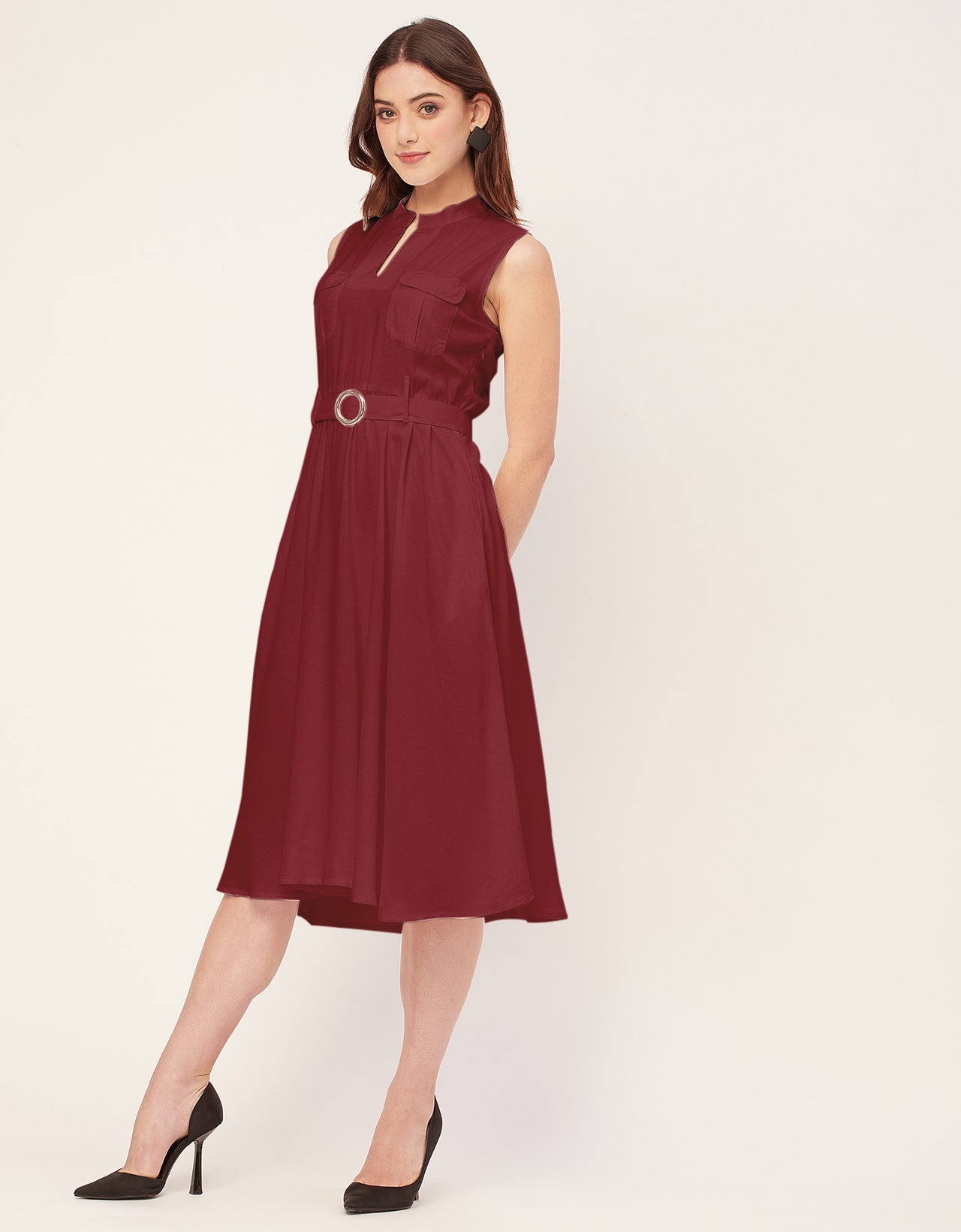 Sleeveless Mandarin Collar Rayon Dress
