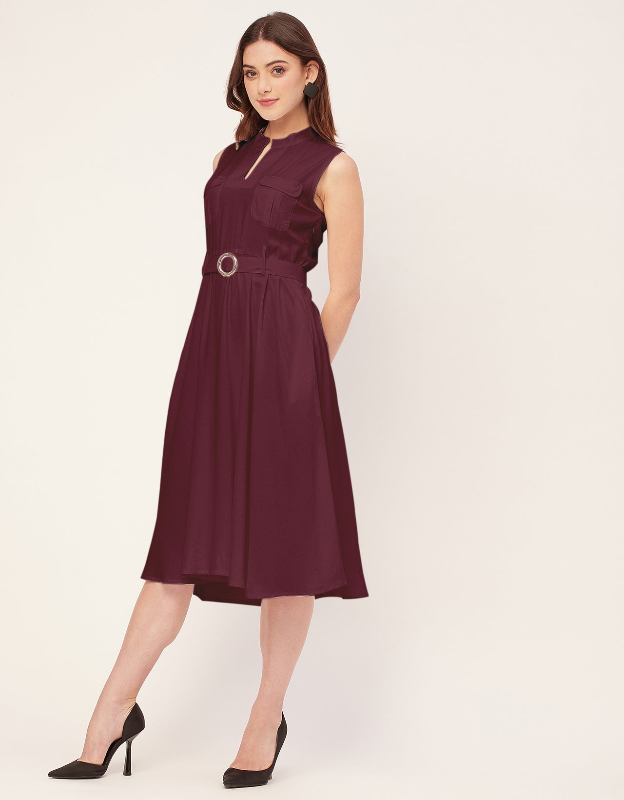 Sleeveless Mandarin Collar Rayon Dress