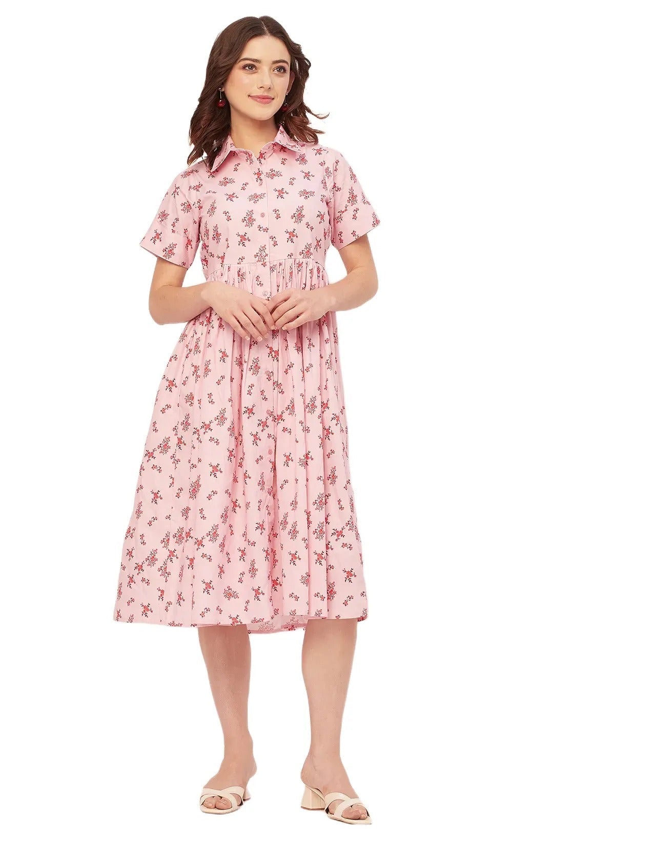 Short Sleeves Spread Collar Flared Cotton Dress